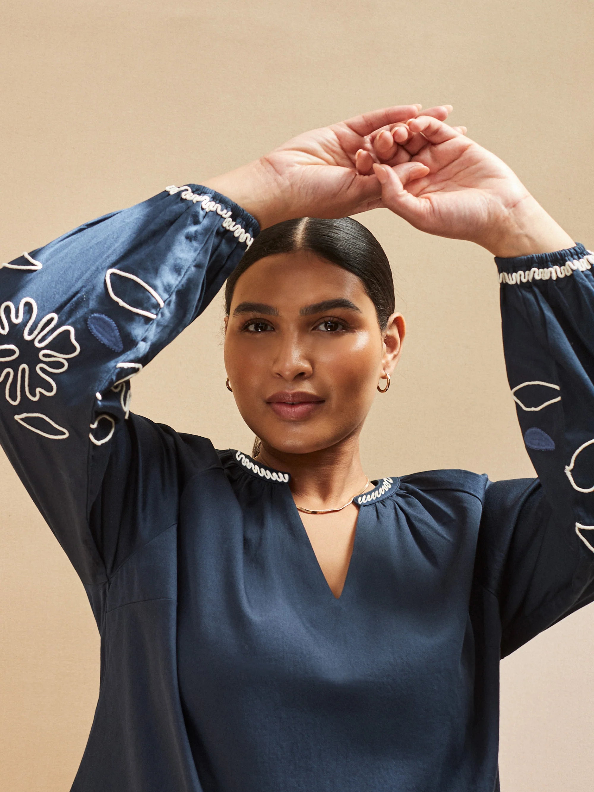 Navy Embroidered Blouse With Contrast Stitch Detail - Image 3
