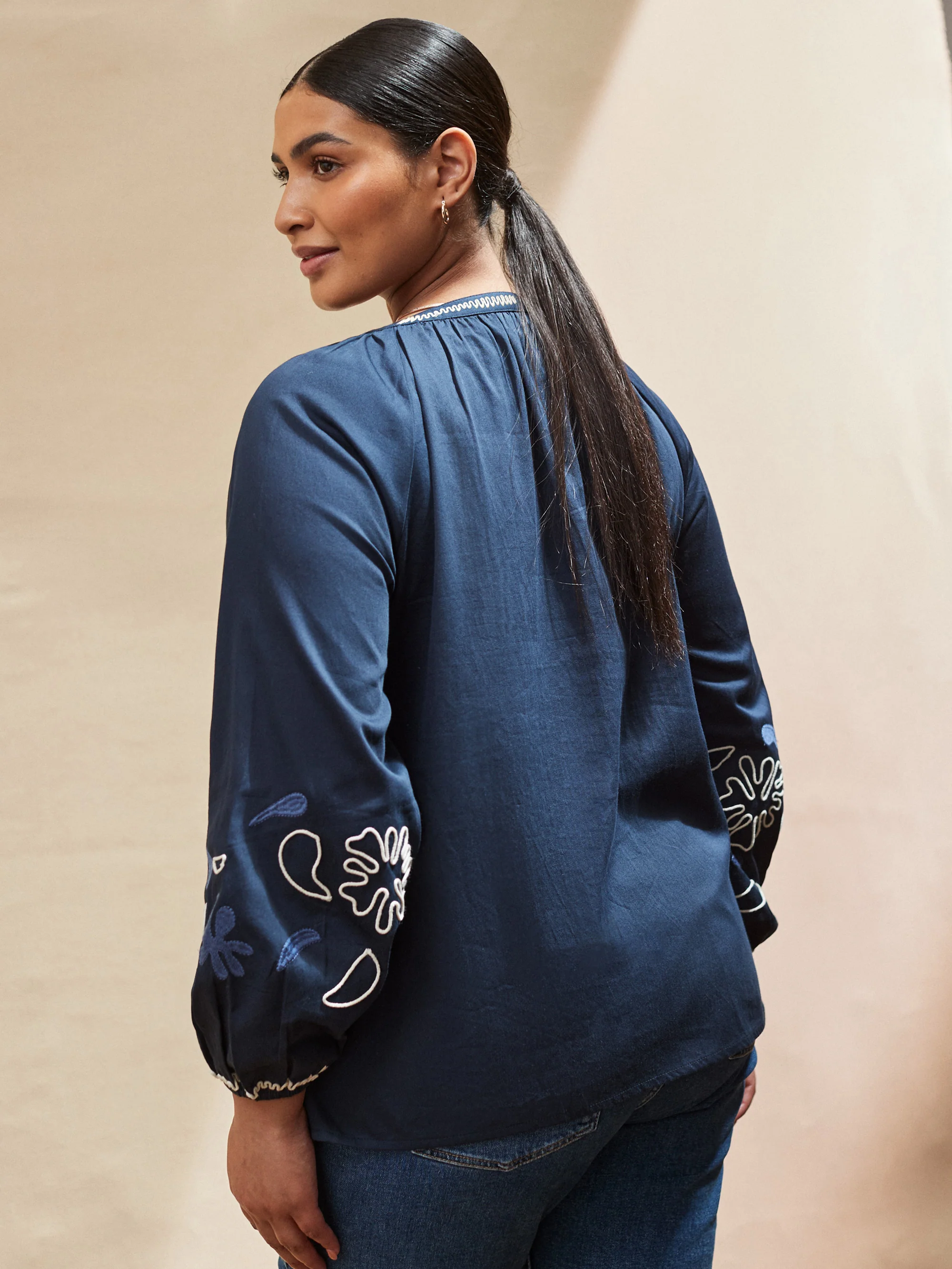 Navy Embroidered Blouse With Contrast Stitch Detail - Image 4