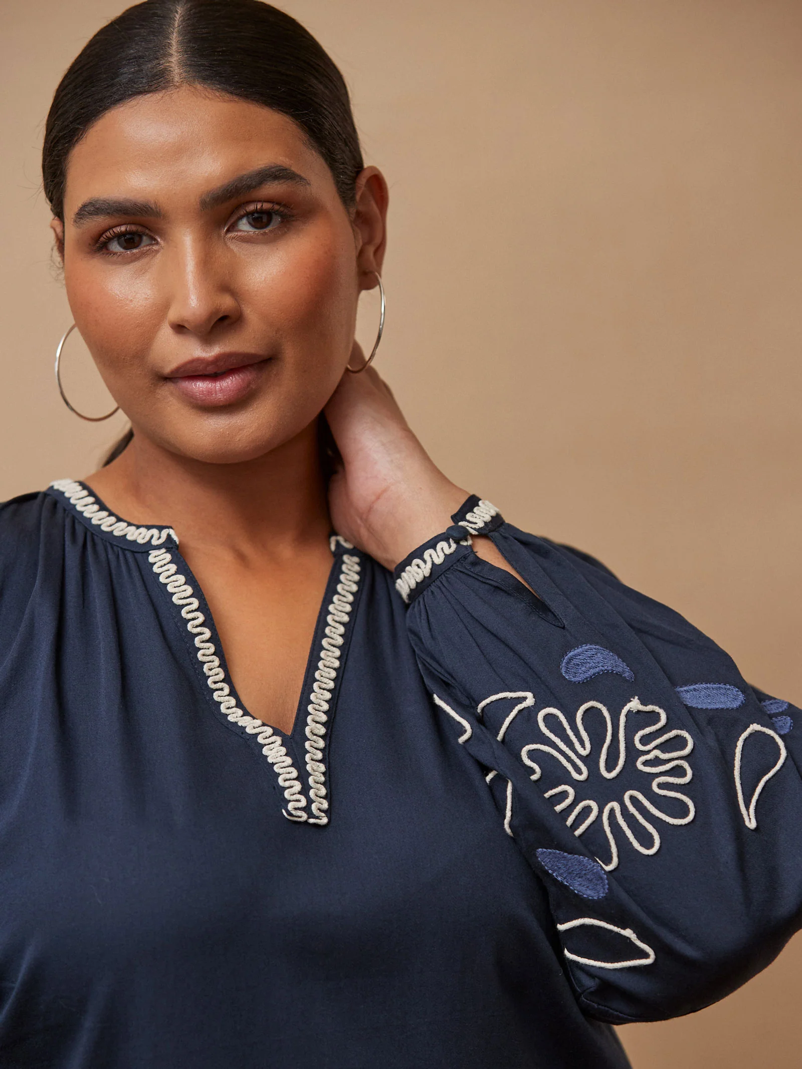 Navy Embroidered Midaxi Dress with Contrast Stitch Detail - Image 2