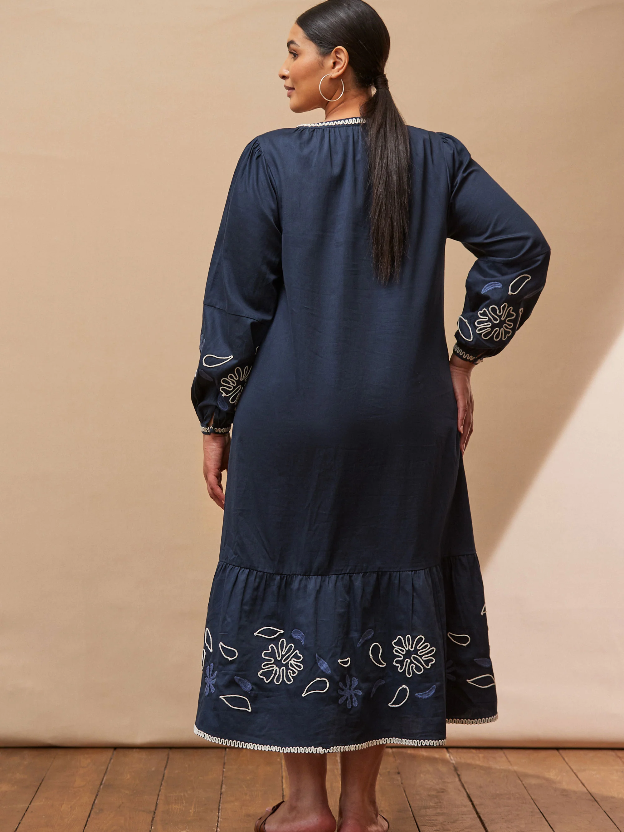 Navy Embroidered Midaxi Dress with Contrast Stitch Detail - Image 4