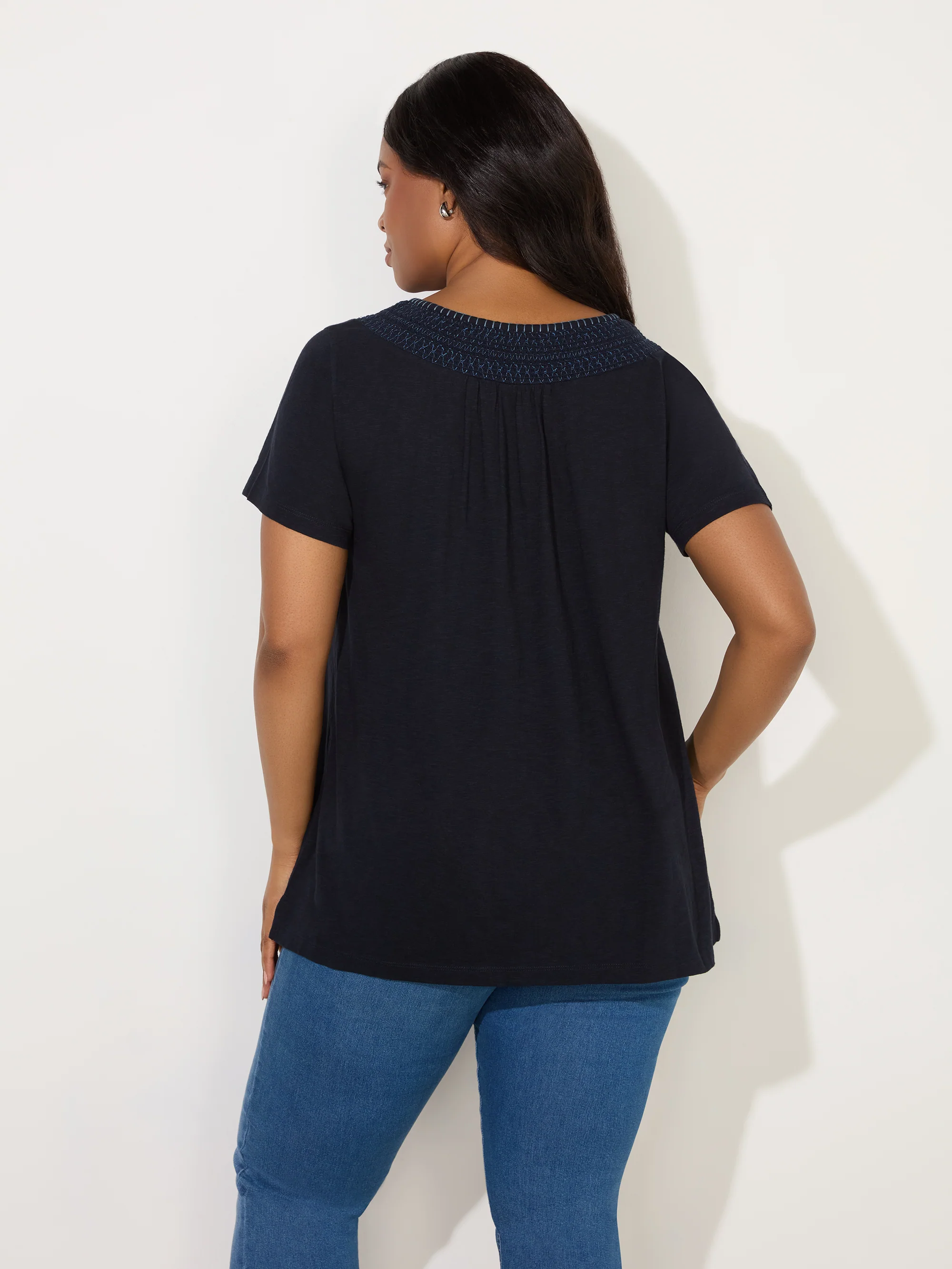 Navy Embroidered Shirred Neck Top - Image 3