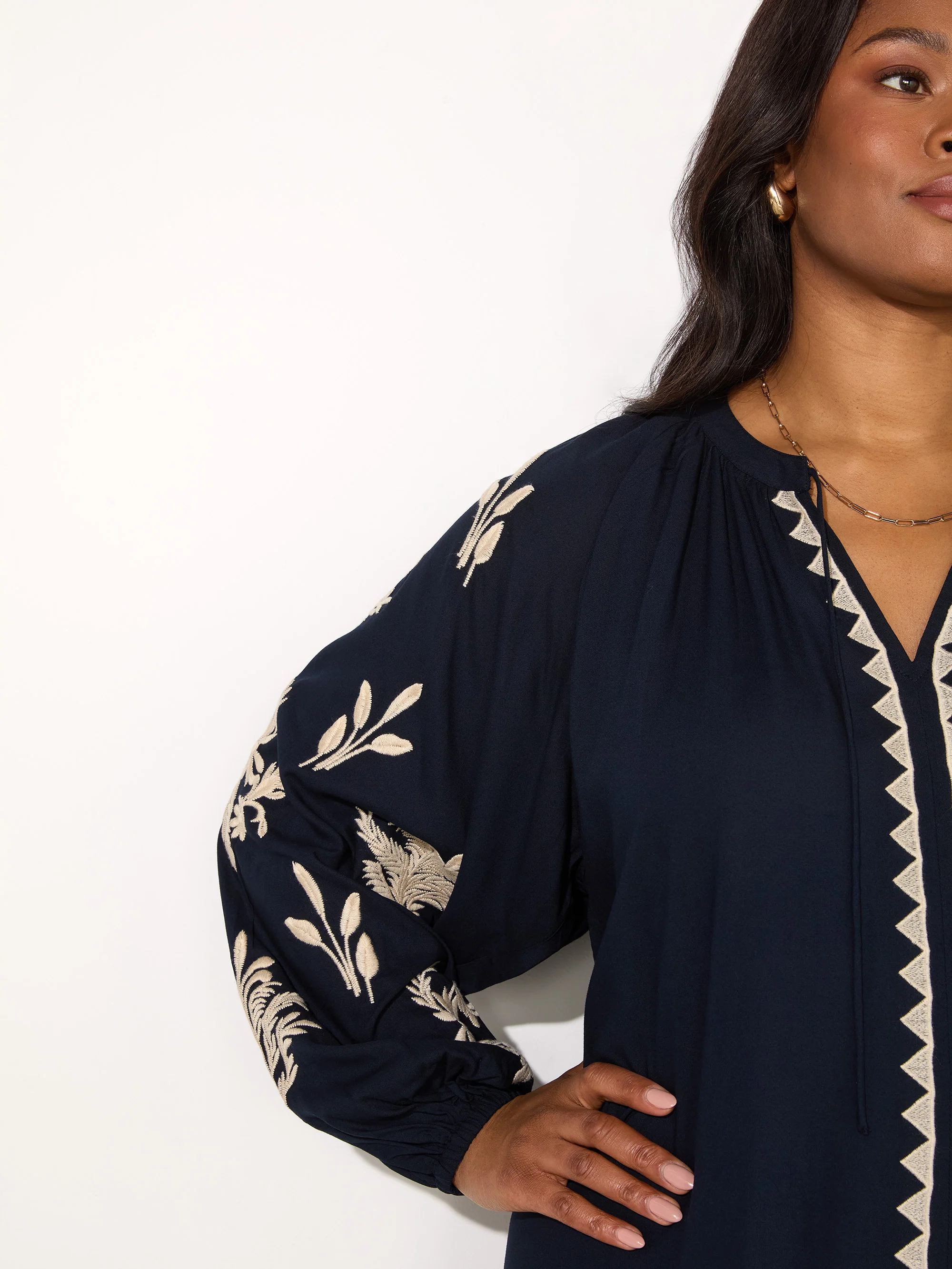 Navy Embroidered Sleeve Tie Neck Dress - Image 2