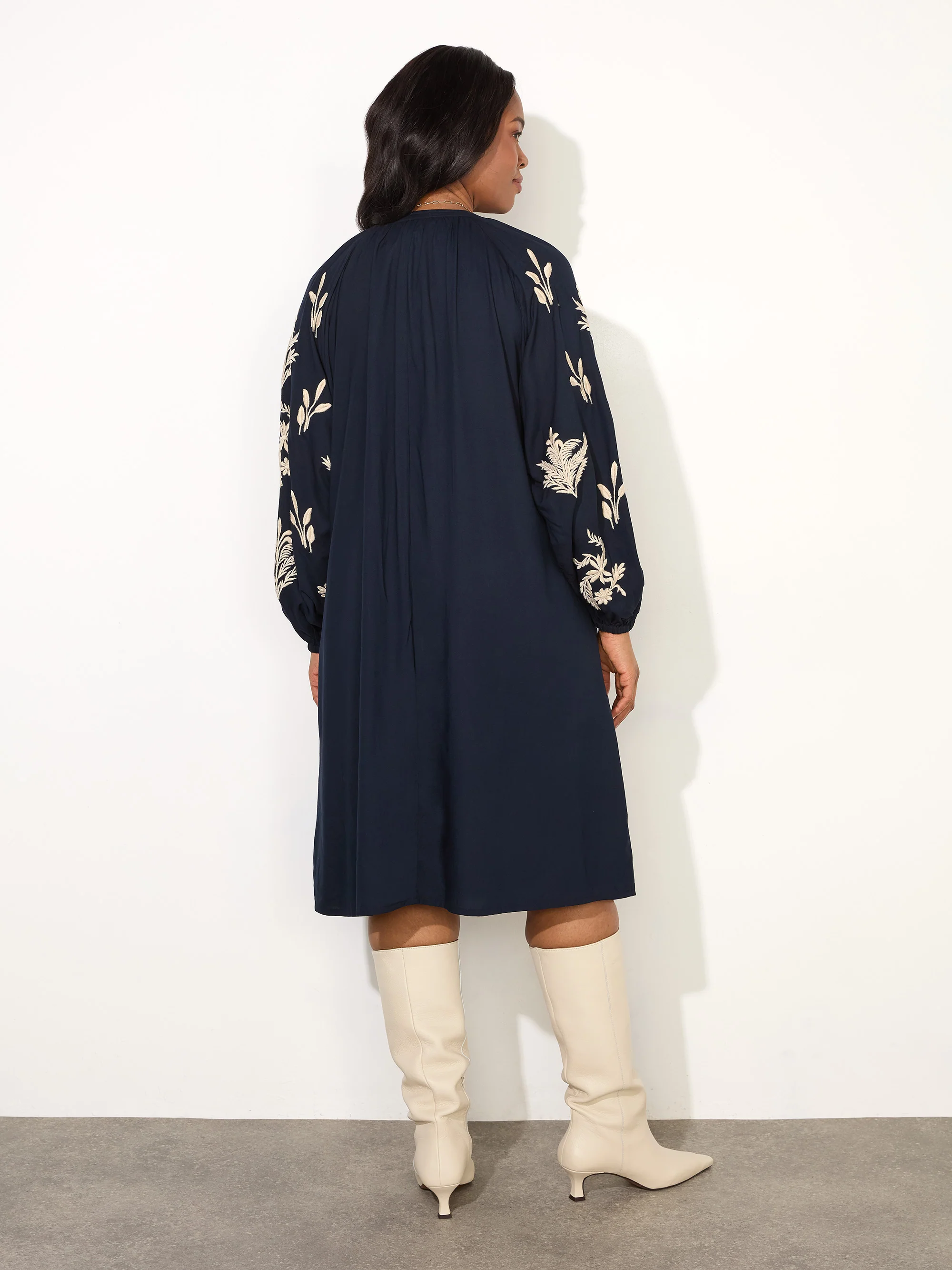 Navy Embroidered Sleeve Tie Neck Dress - Image 4