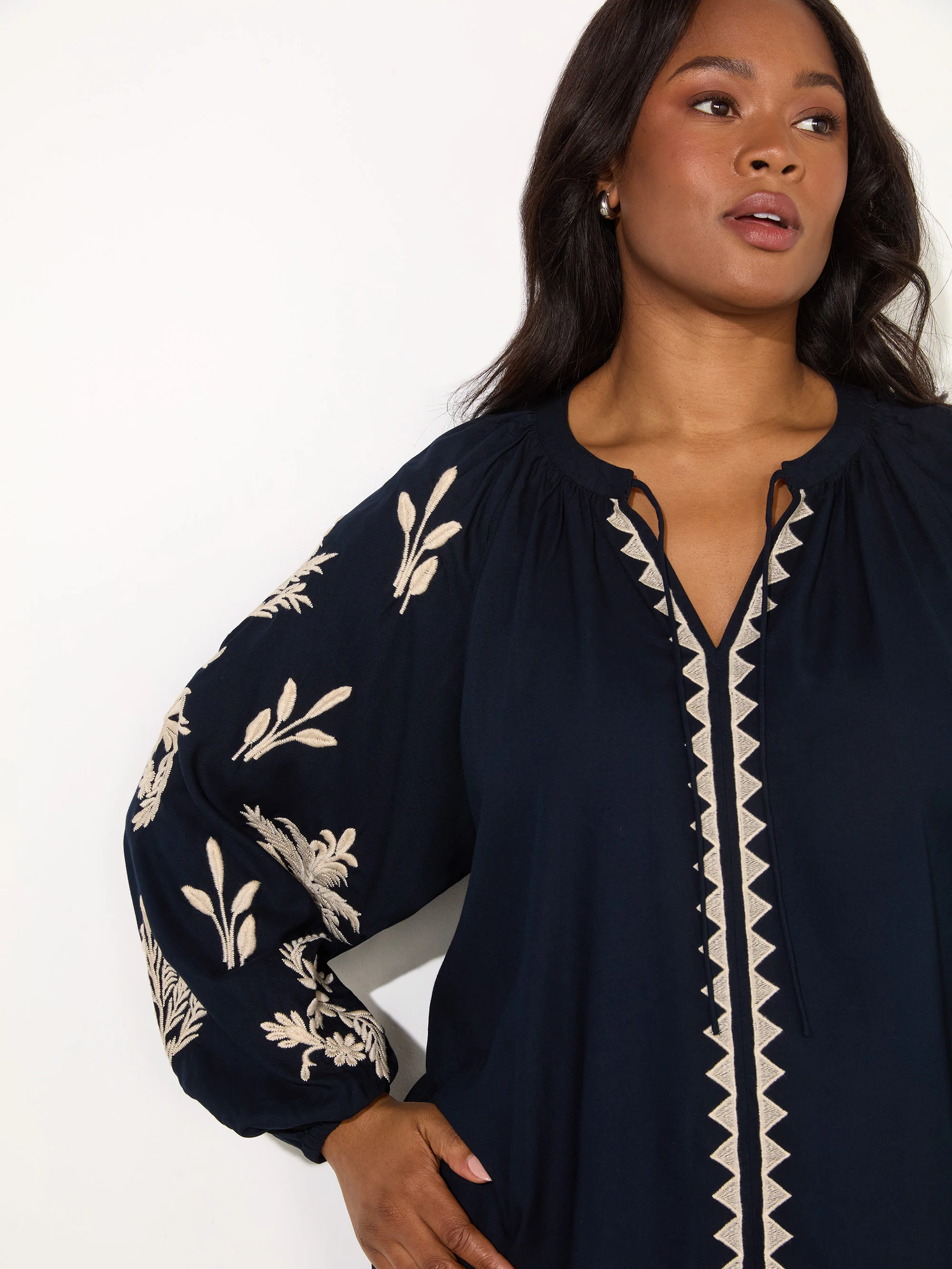 Navy Embroidered Sleeve Tie Neck Top - Image 2