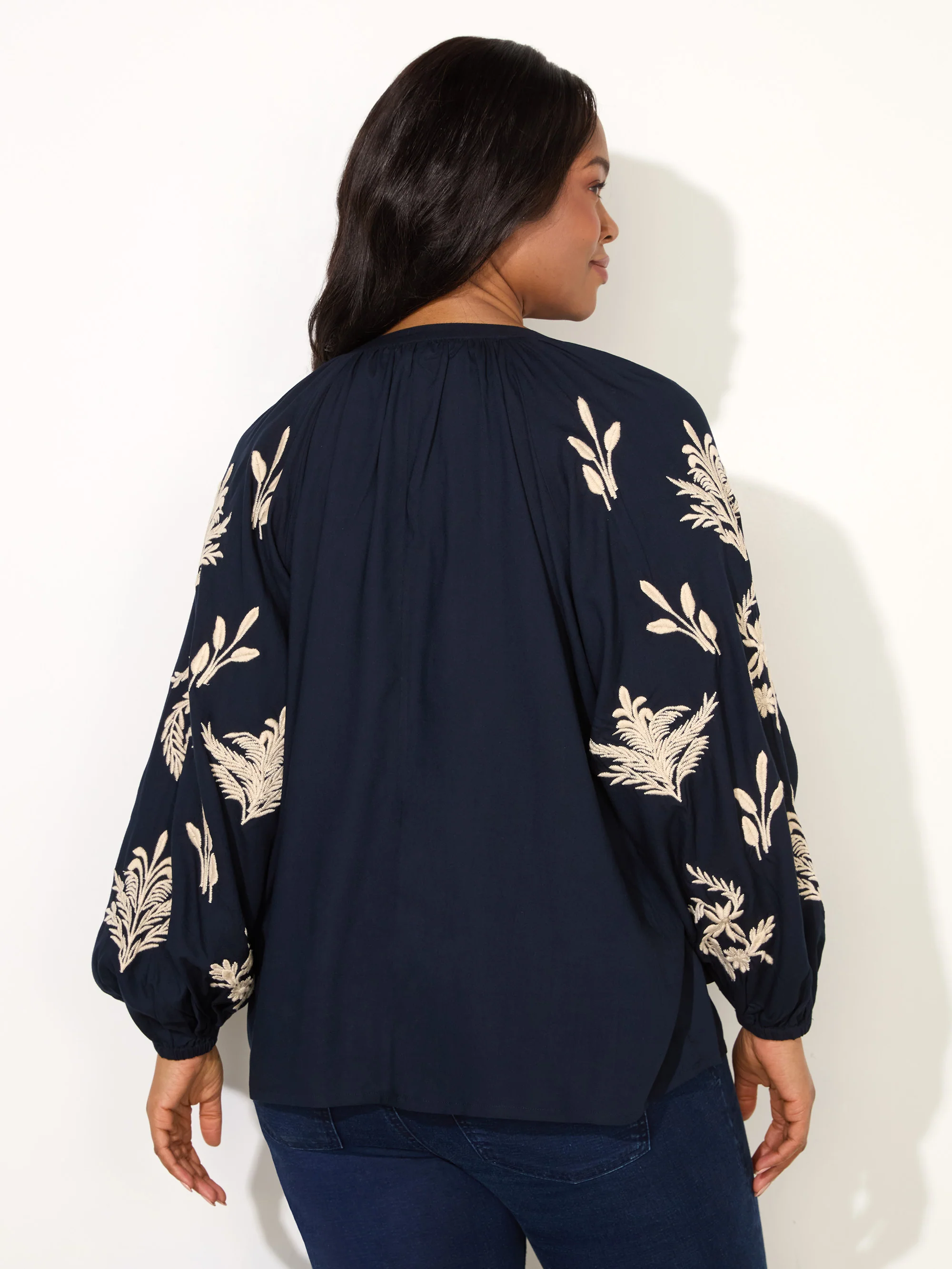 Navy Embroidered Sleeve Tie Neck Top - Image 3