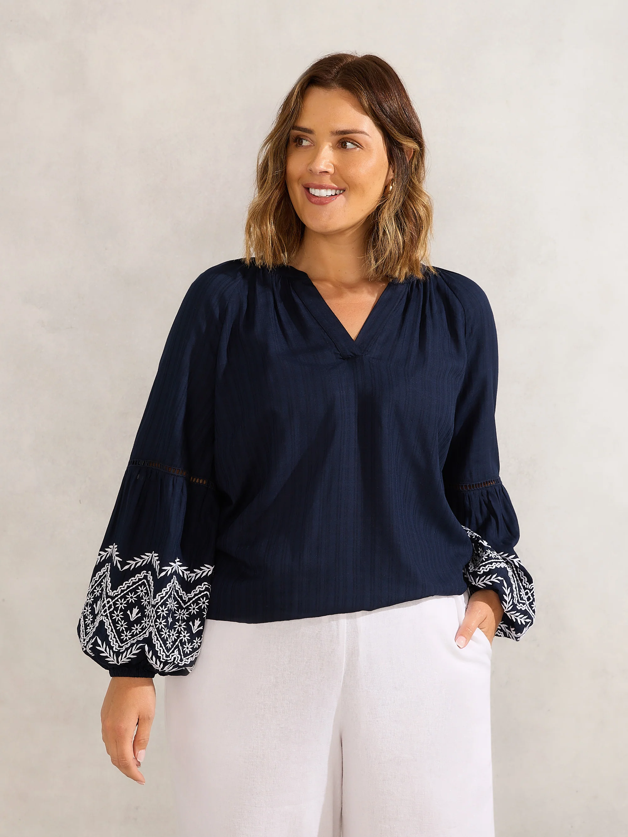 Navy Embroidered Sleeve Top - Image 2