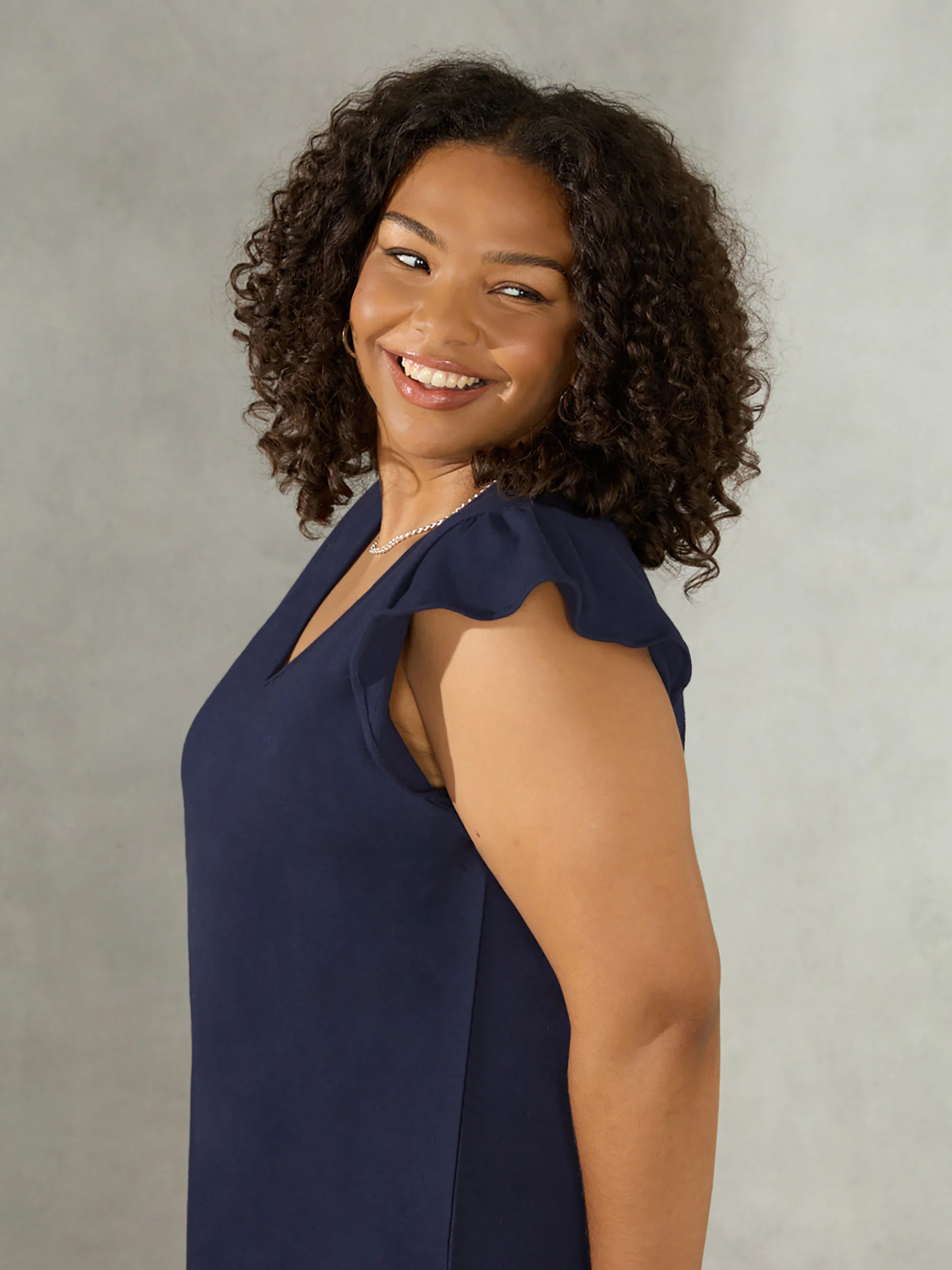Navy Frill Sleeve Cotton Textured Jersey Column Dress - Image 2