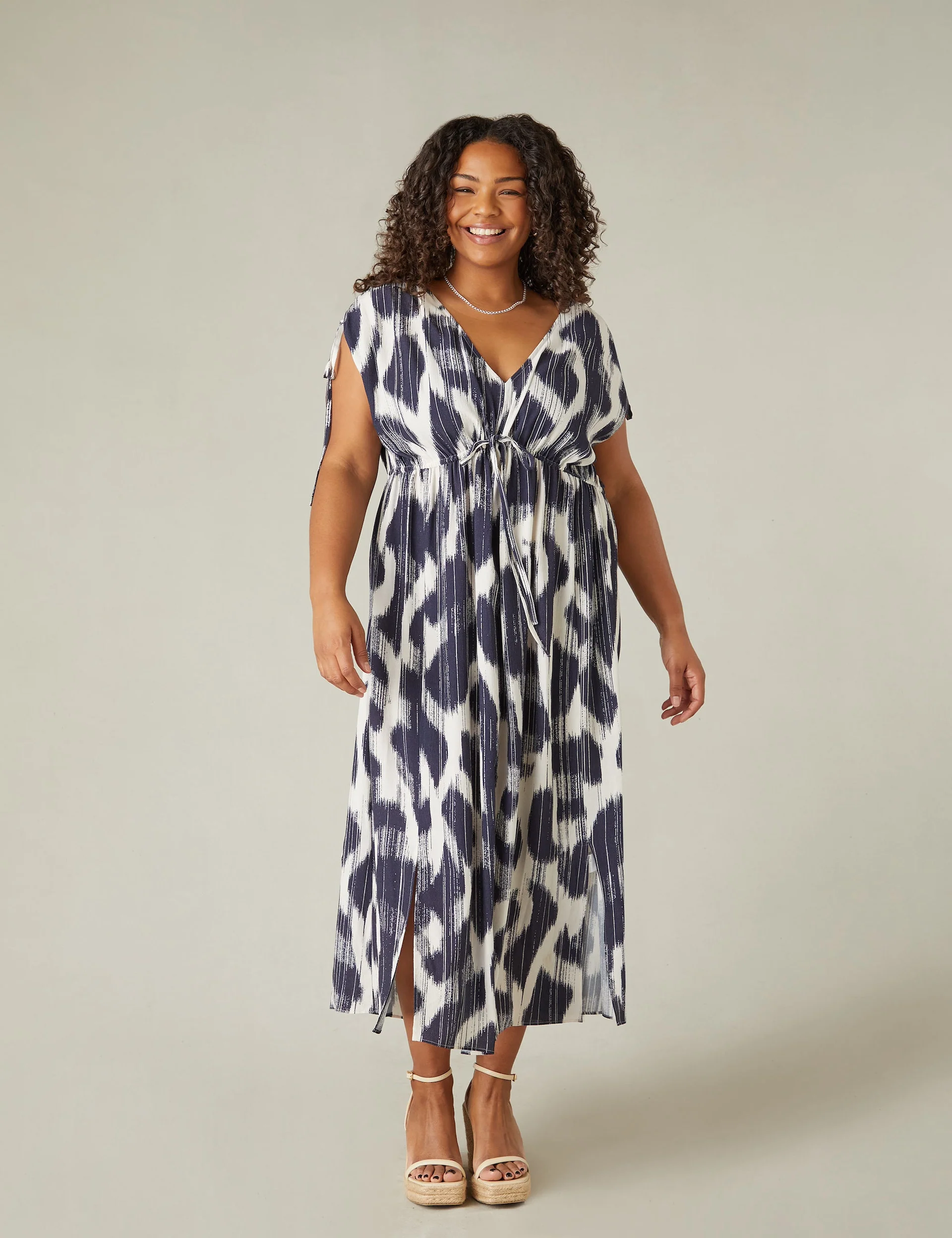 Navy Geo Print Drawstring Maxi Dress - Image 2