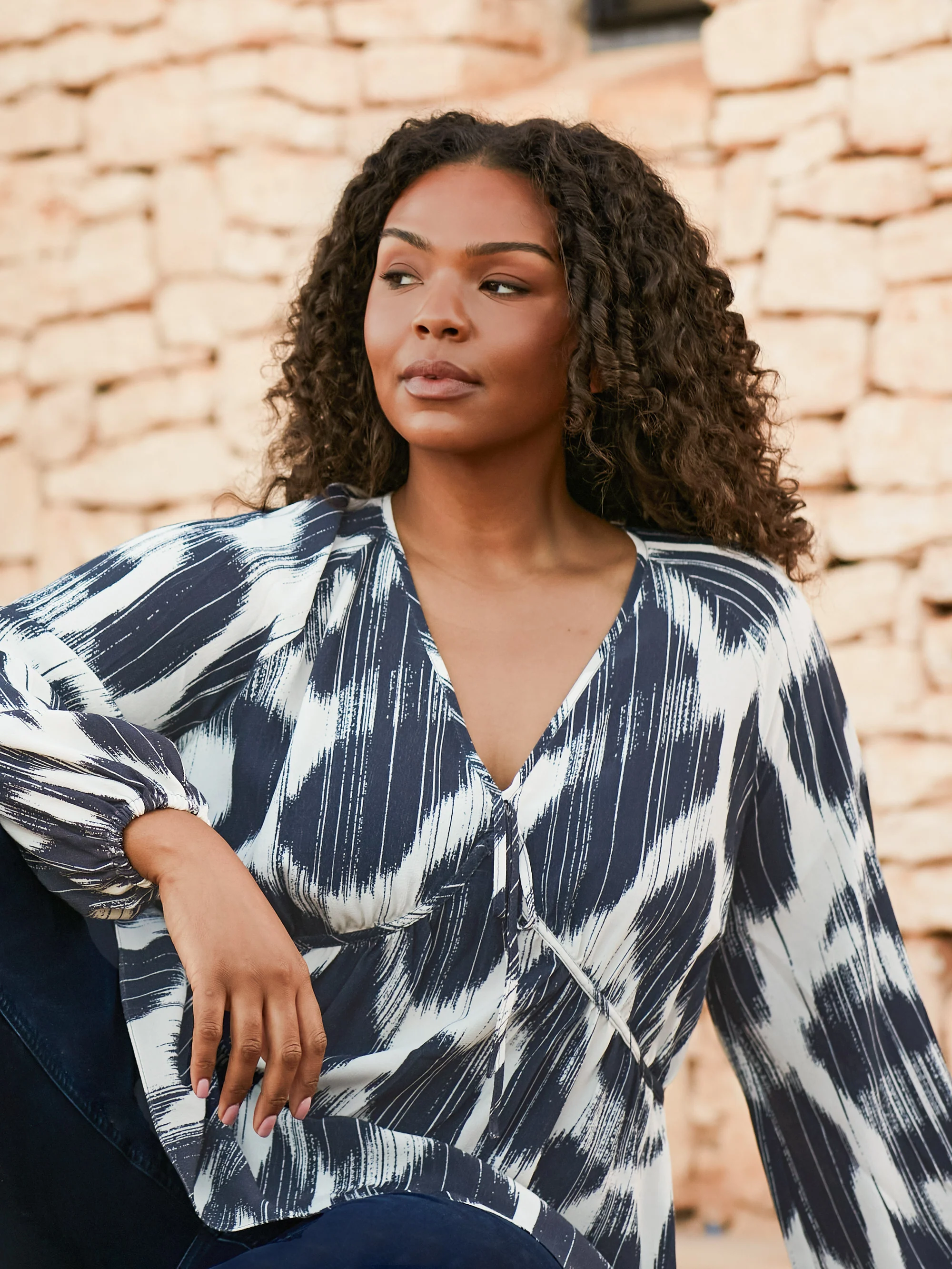 Navy Geo Print Tie Neck Blouse - Image 2