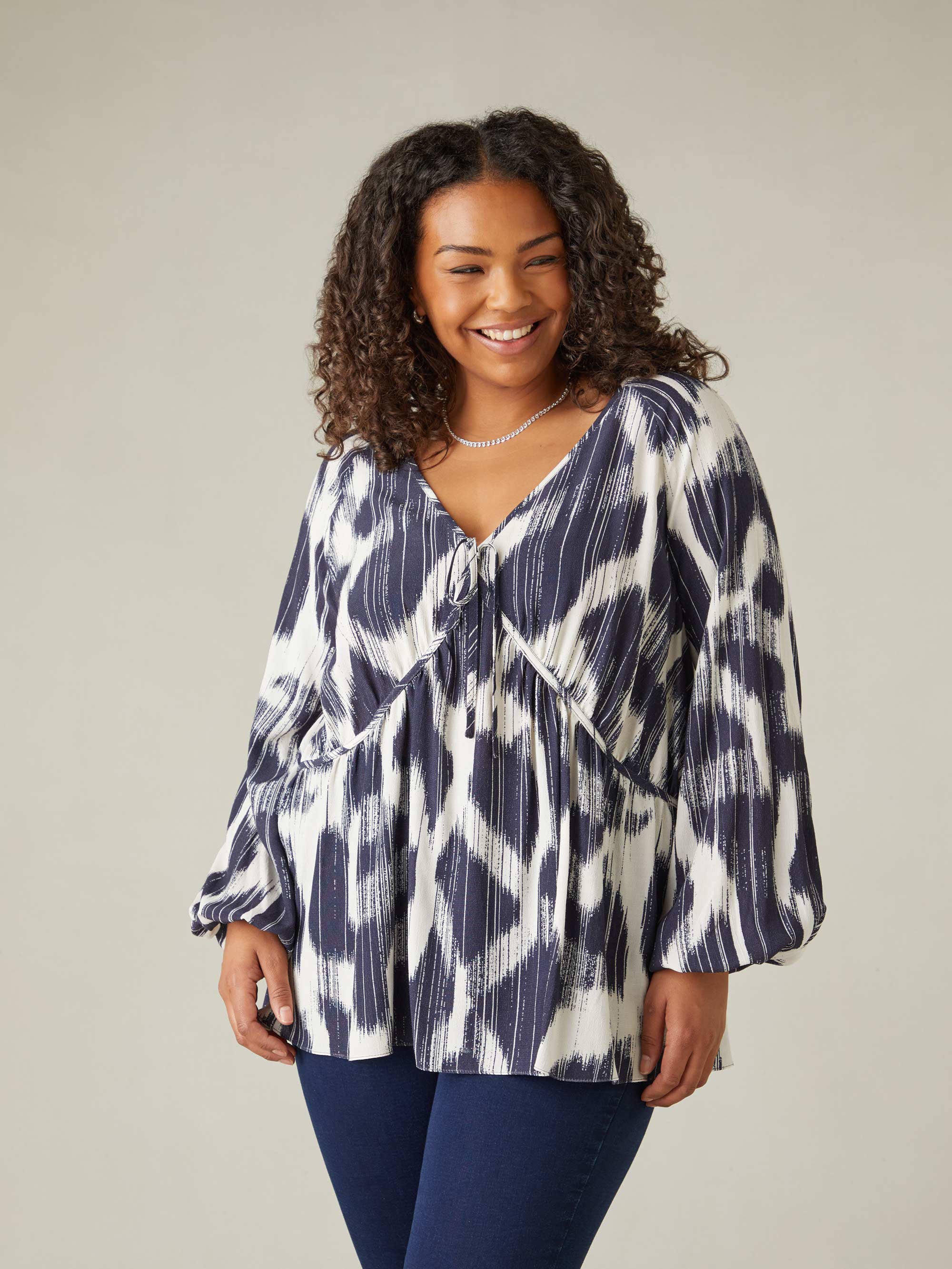 Navy Geo Print Tie Neck Blouse - Image 3