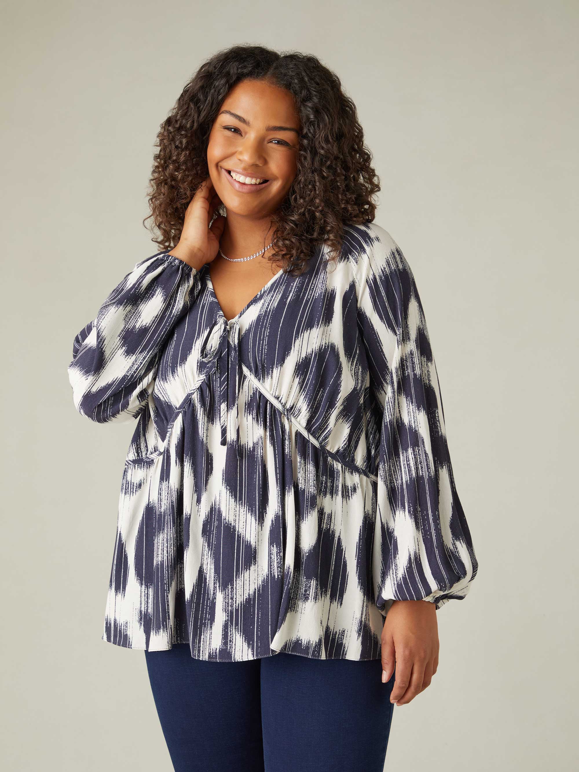Navy Geo Print Tie Neck Blouse - Image 4