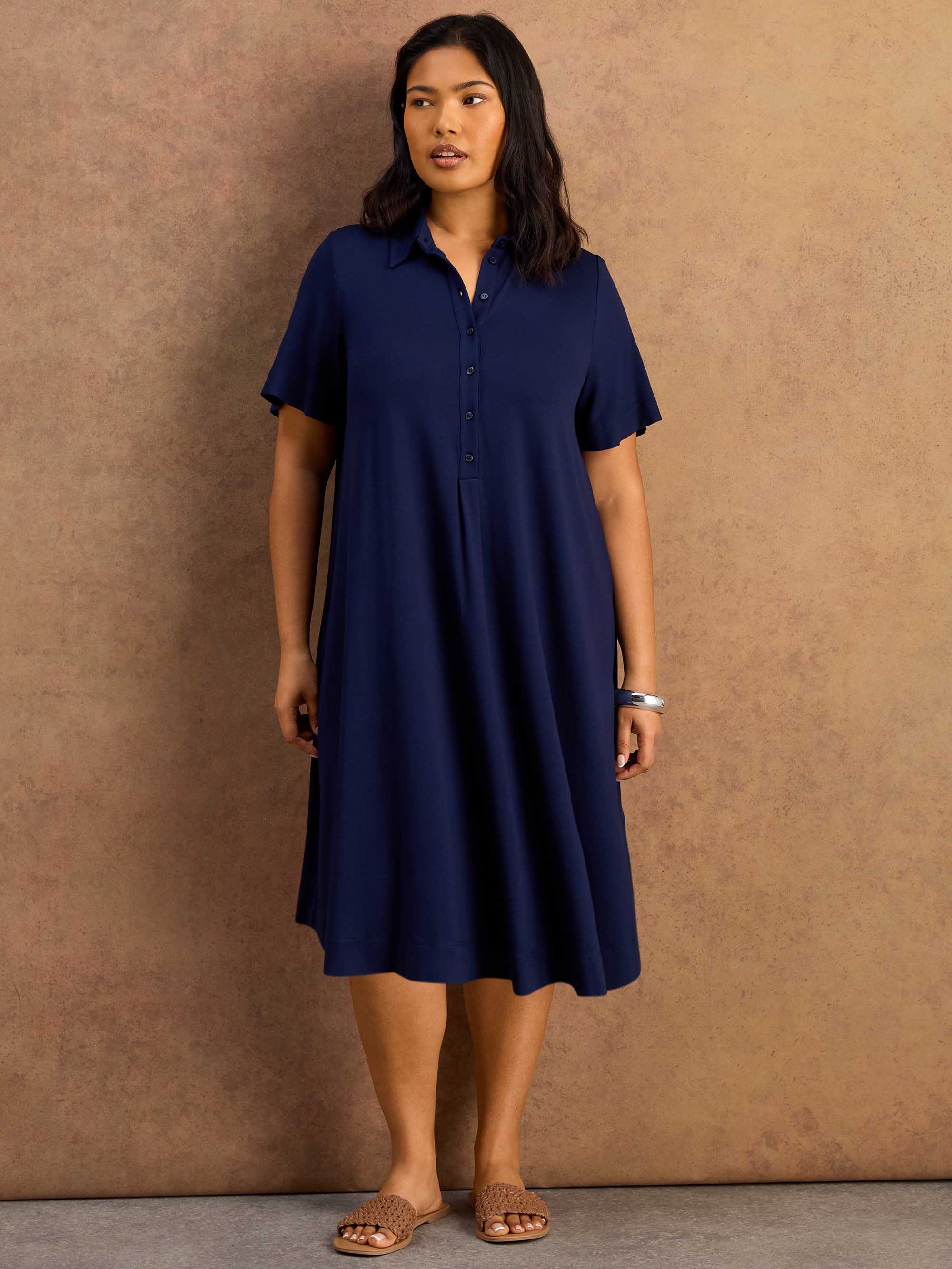 Navy Half Placket Jersey Midi Shirt Dress - Image 3