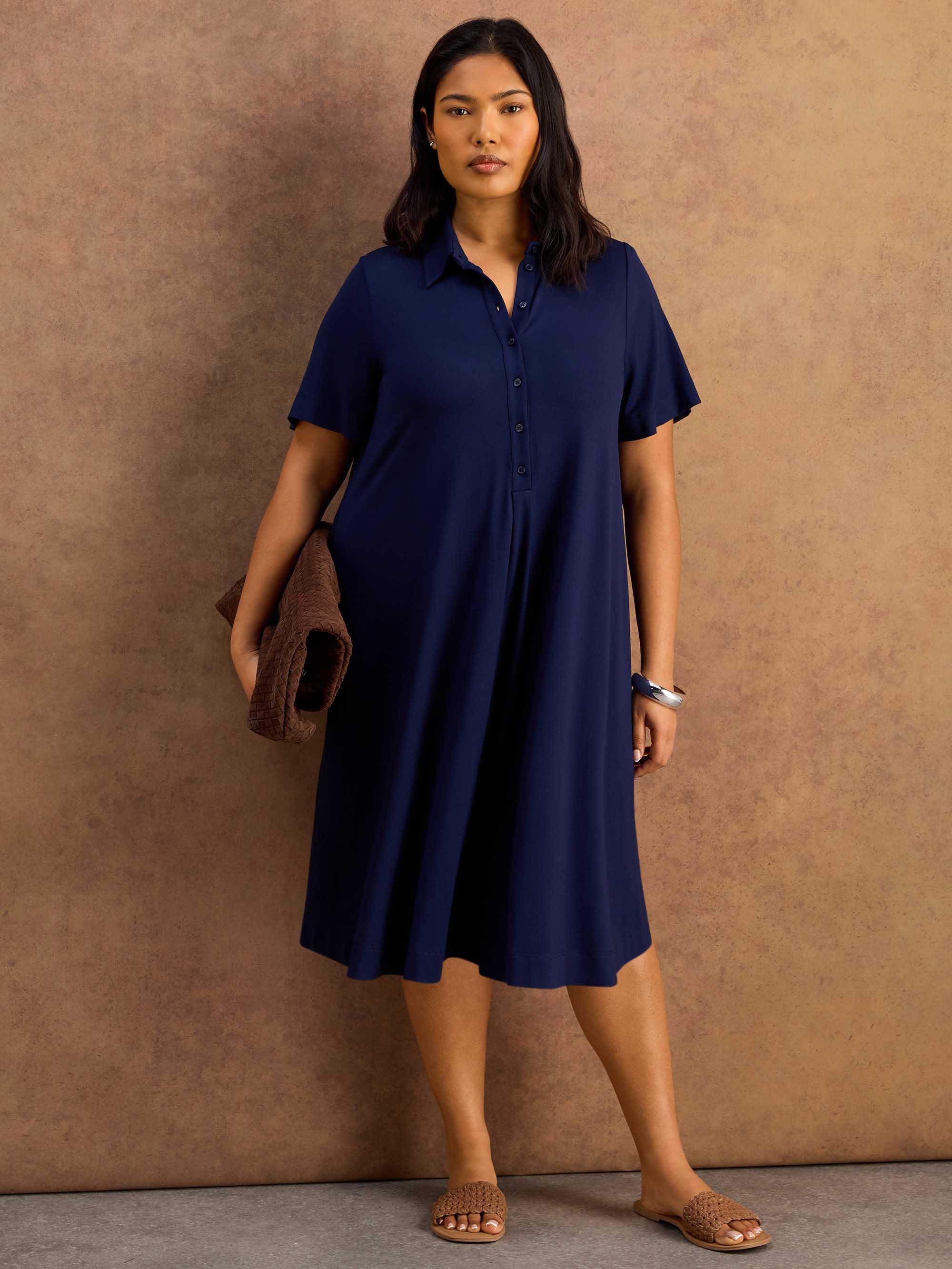 Navy Half Placket Jersey Midi Shirt Dress - Image 4