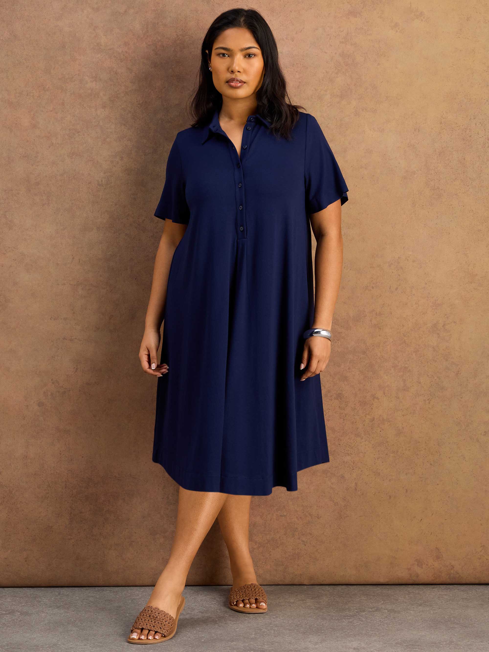 Navy Half Placket Jersey Midi Shirt Dress - Image 5
