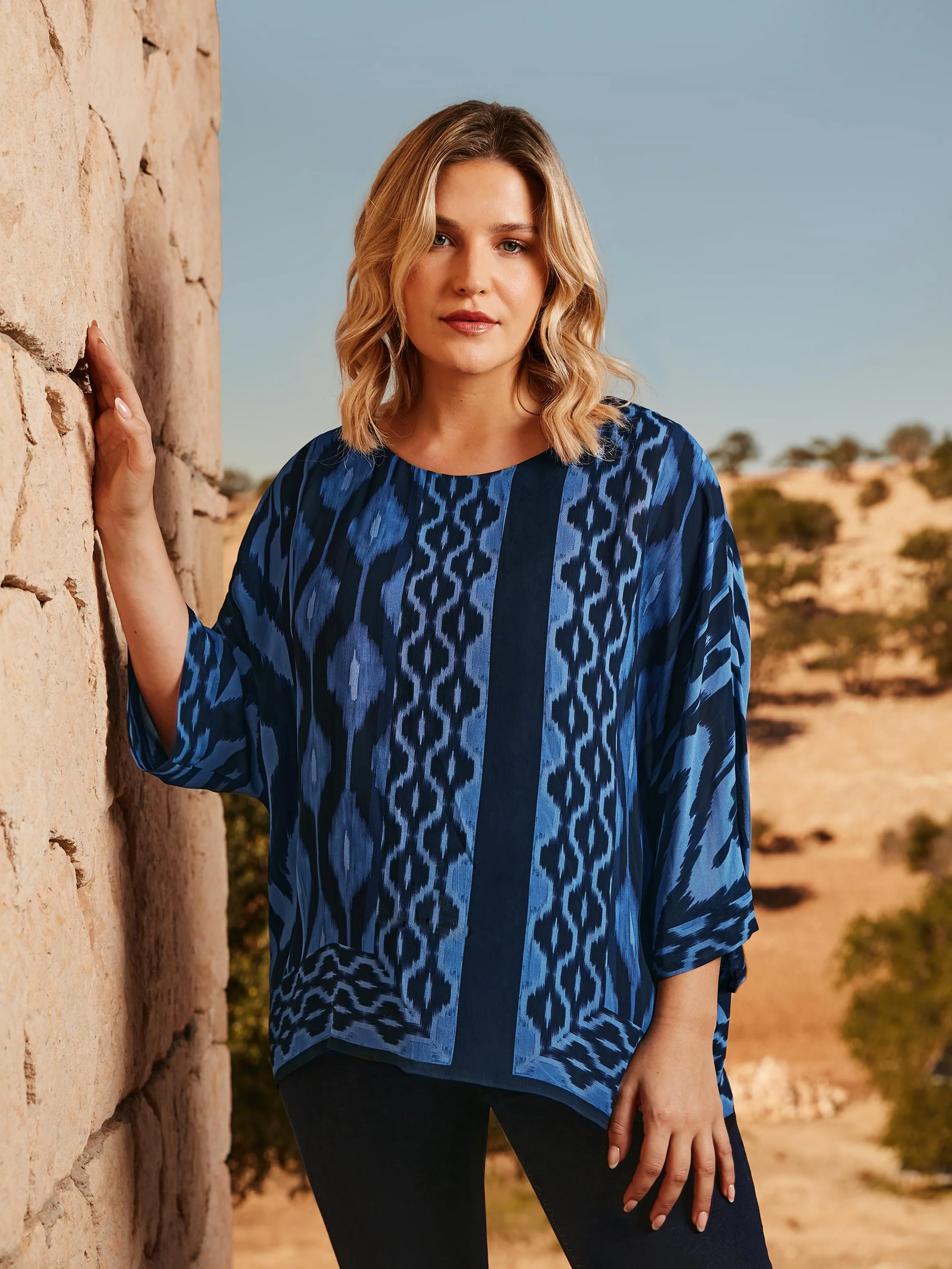 Navy Ikat Print Layered Top - Image 2
