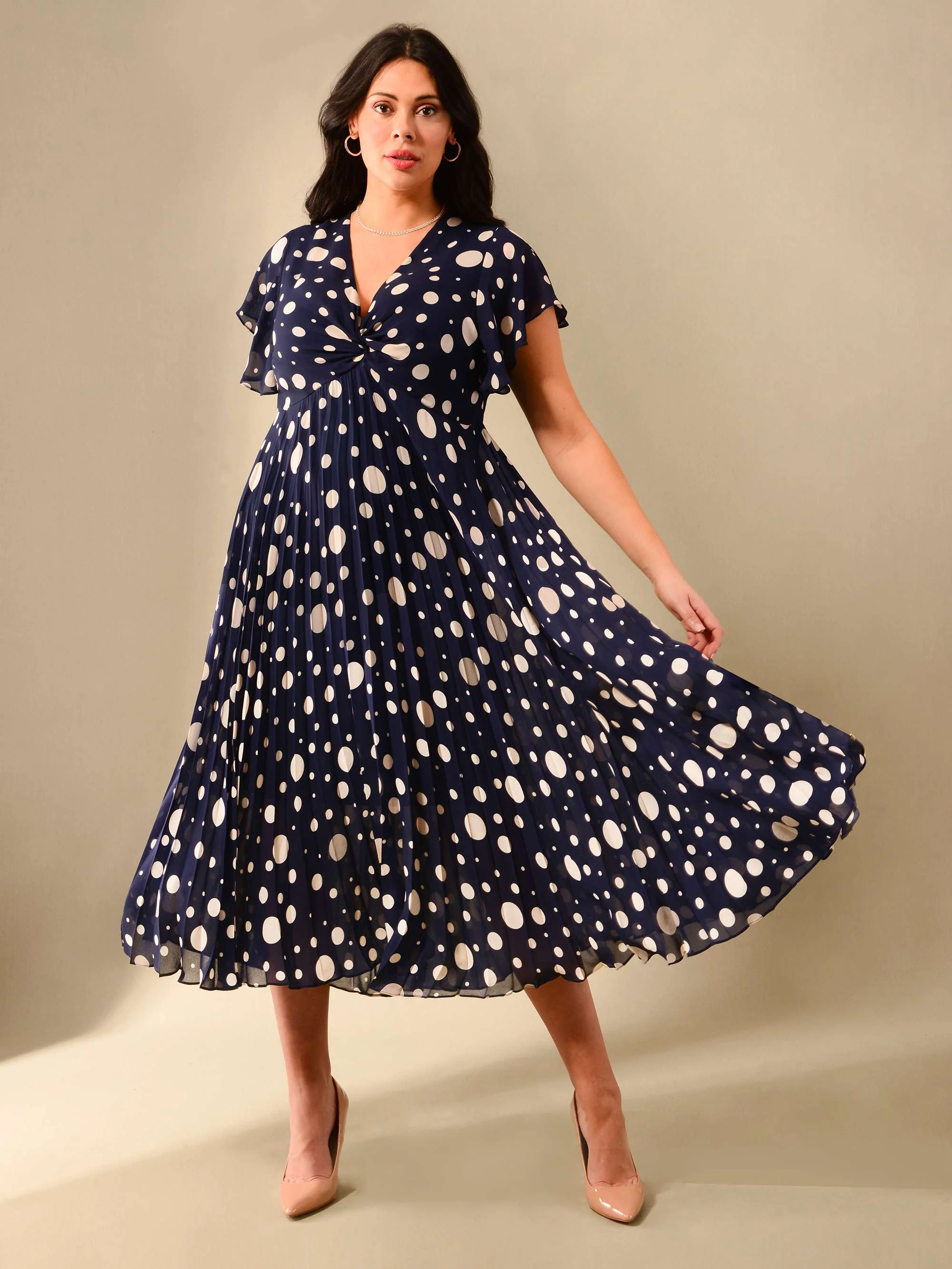 Navy & Ivory Spotted Knot Front Pleat Dress - Image 2