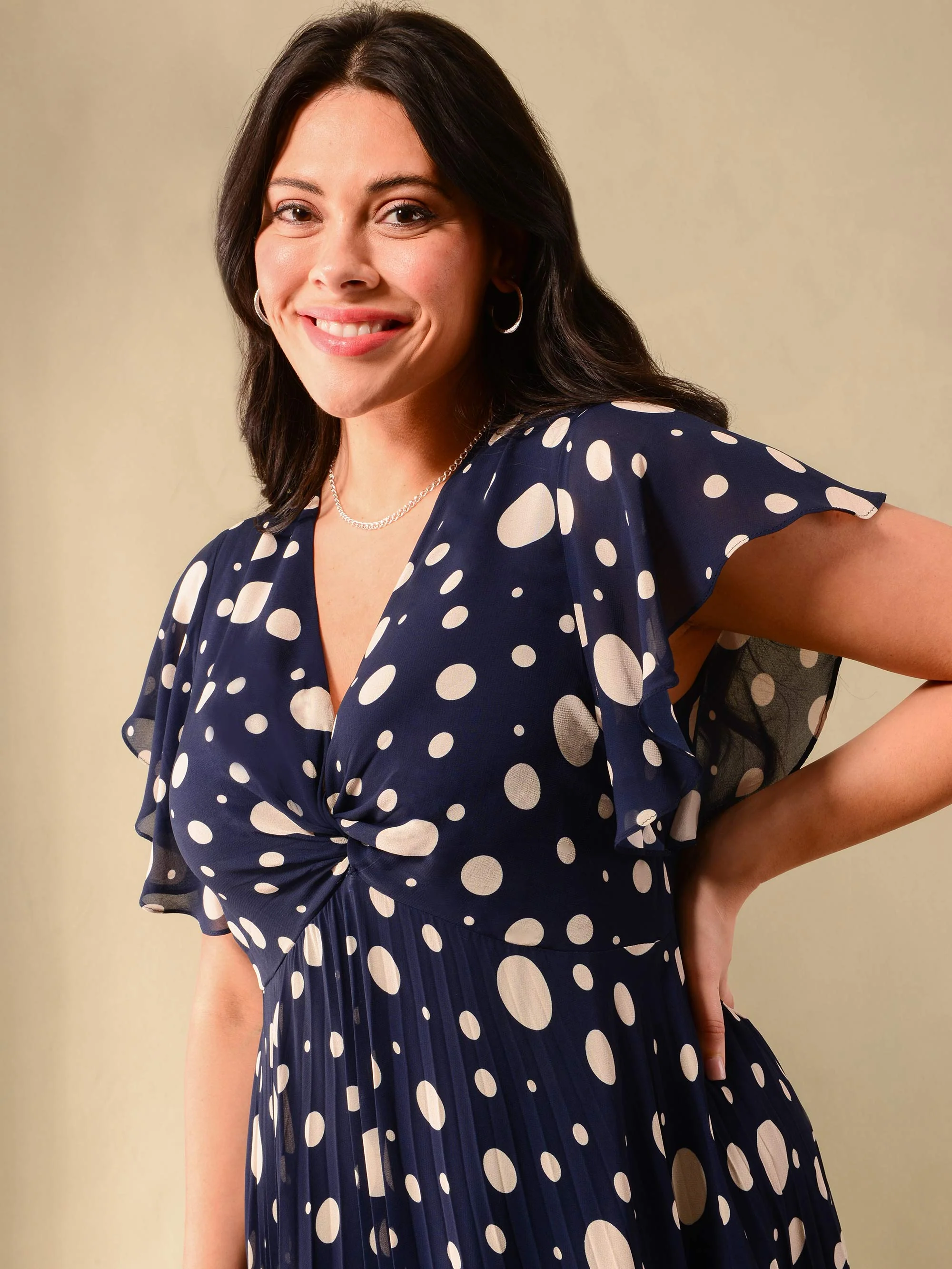 Navy & Ivory Spotted Knot Front Pleat Dress - Image 3