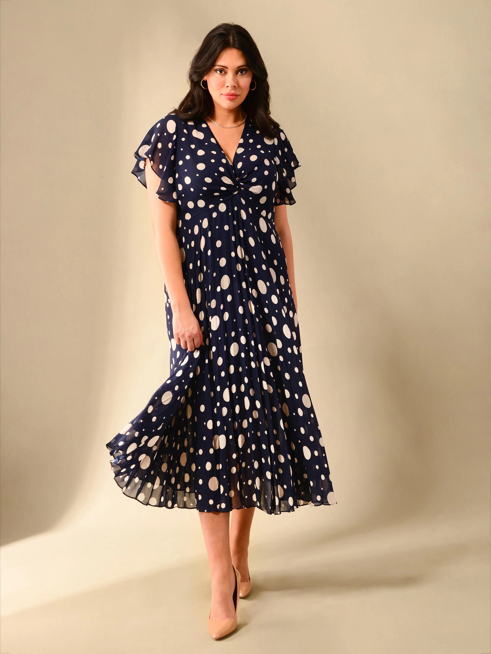 Navy & Ivory Spotted Knot Front Pleat Dress - Image 4