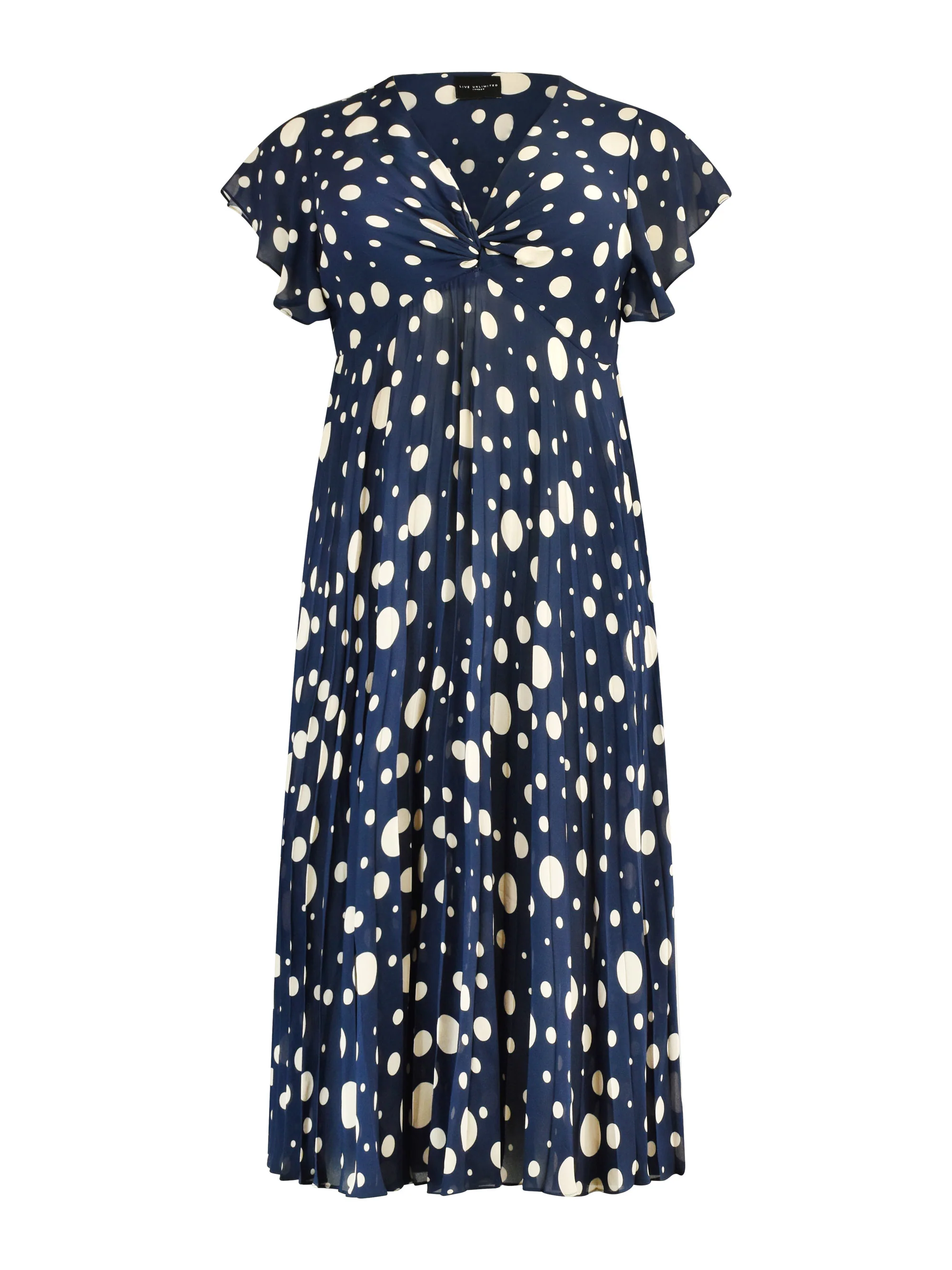 Navy & Ivory Spotted Knot Front Pleat Dress - Image 5