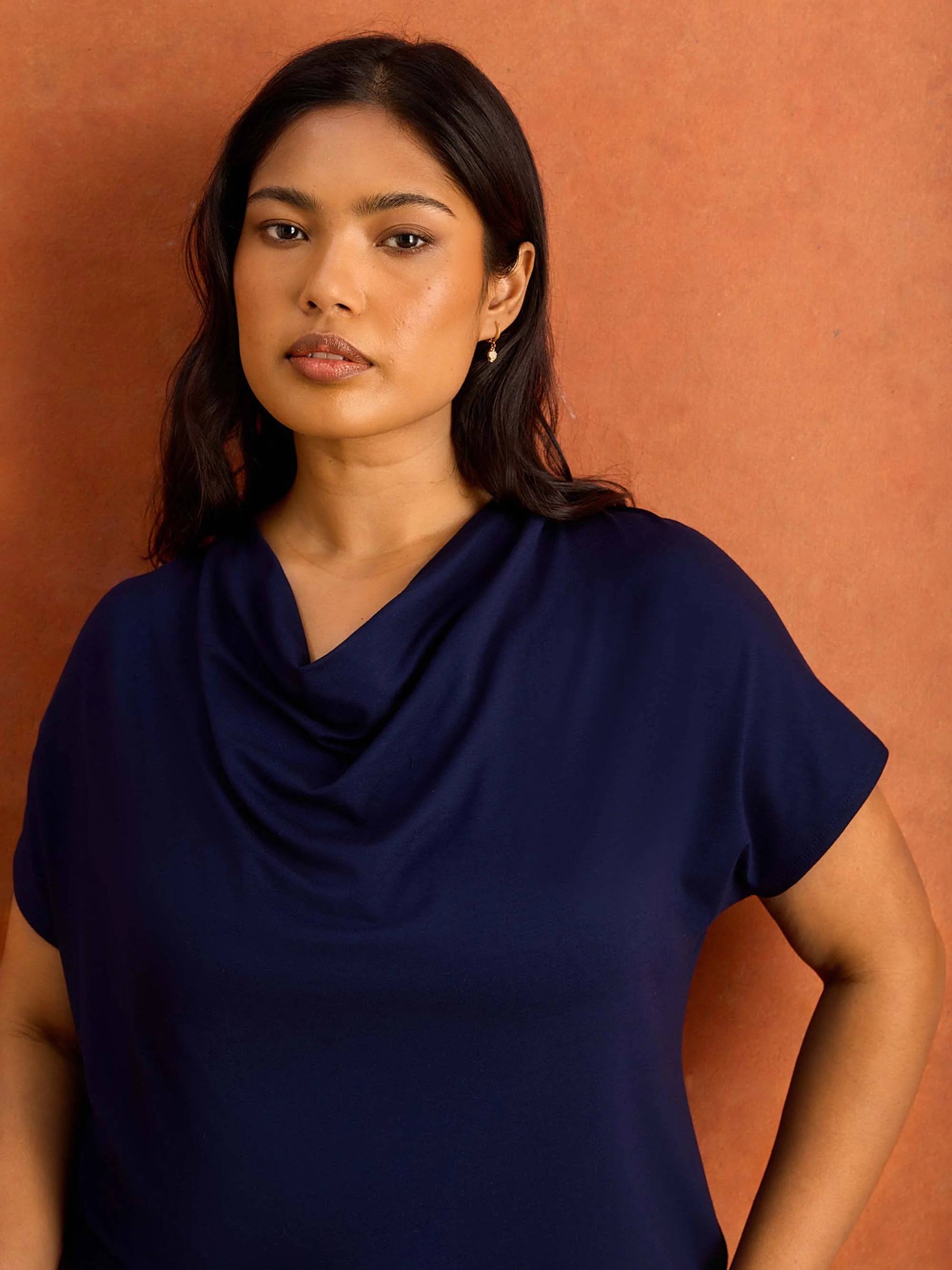 Navy Jersey Cowl Neck Short Sleeve Top - Image 2