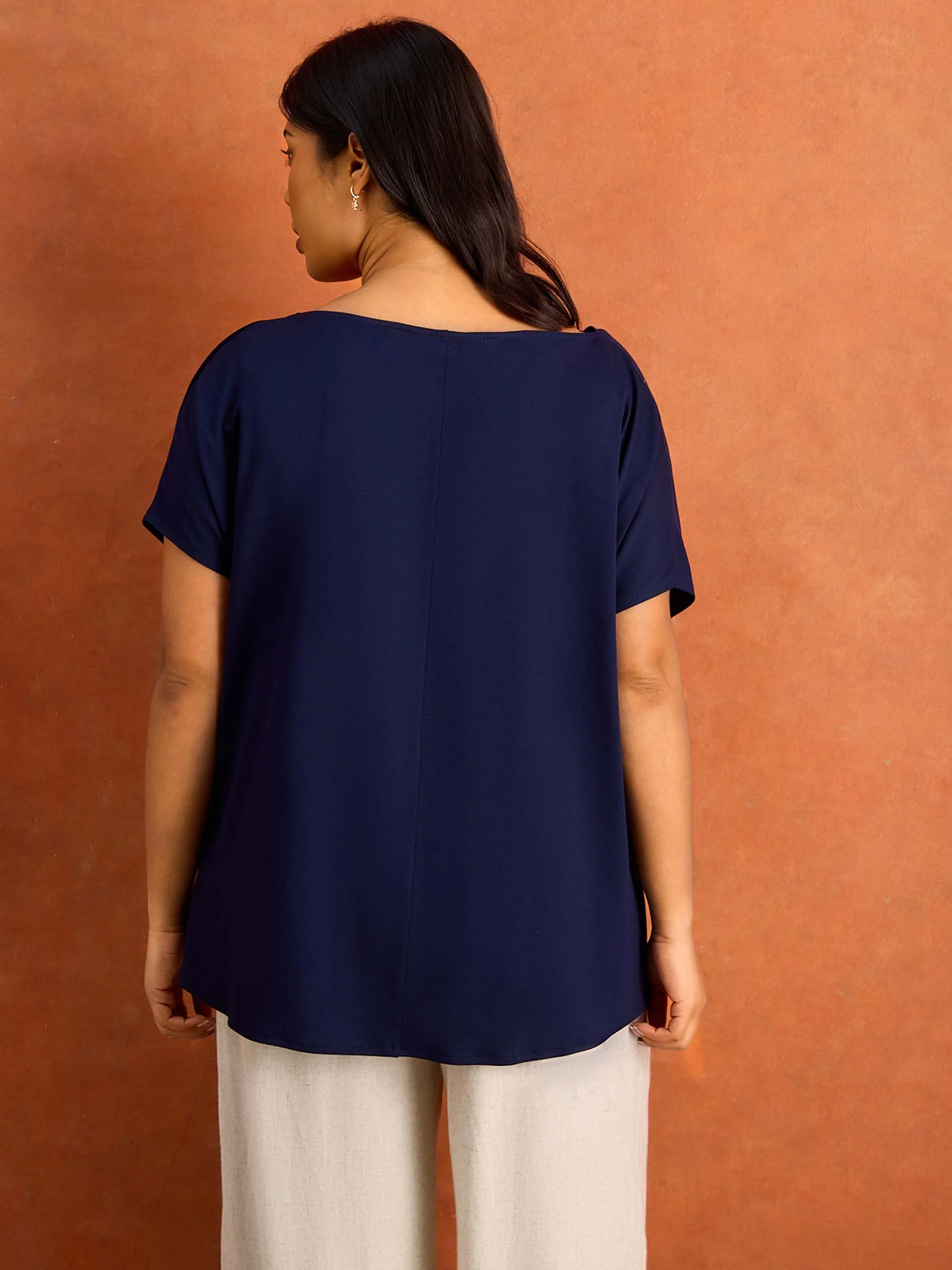 Navy Jersey Cowl Neck Short Sleeve Top - Image 3
