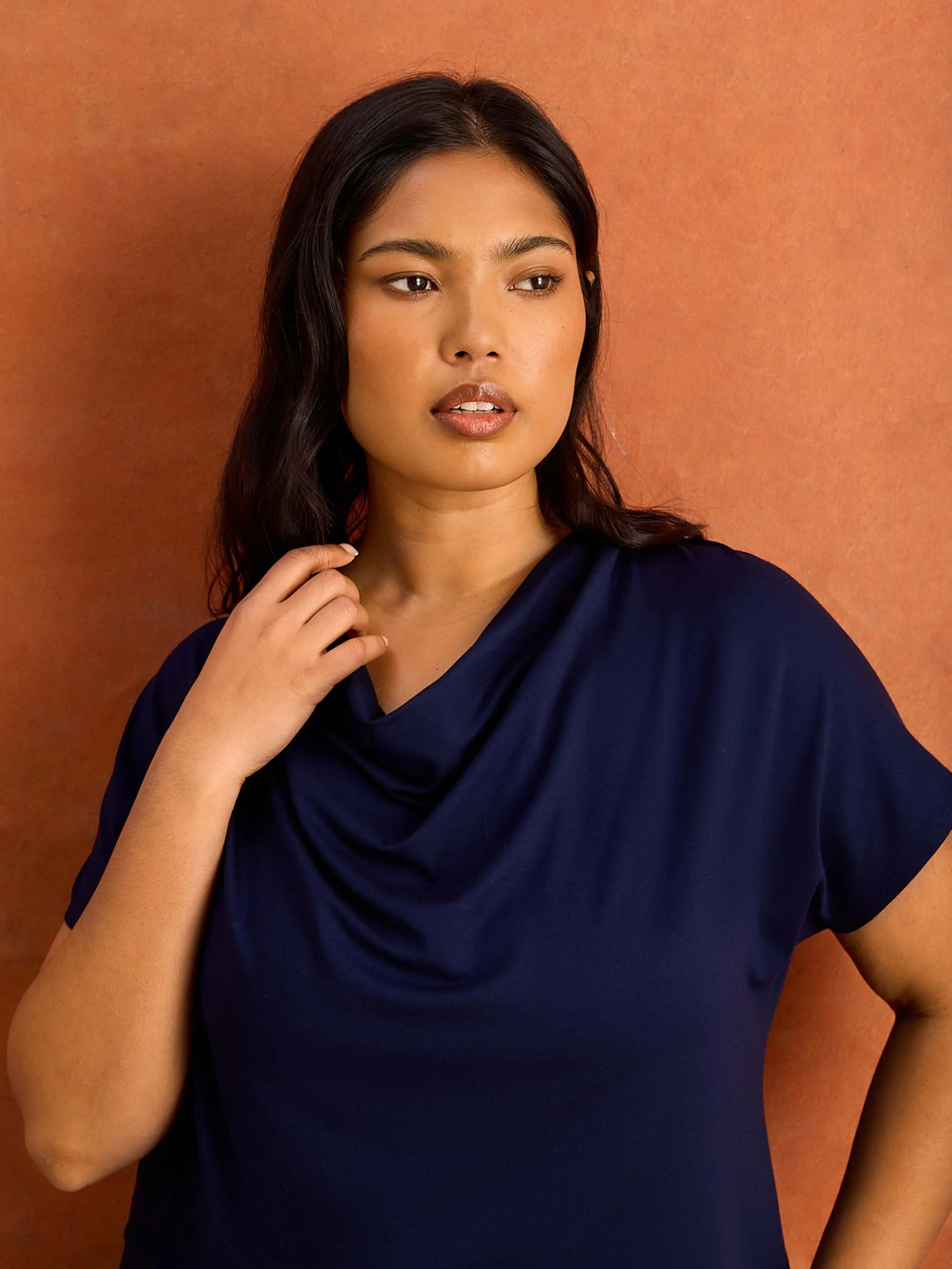 Navy Jersey Cowl Neck Short Sleeve Top - Image 4