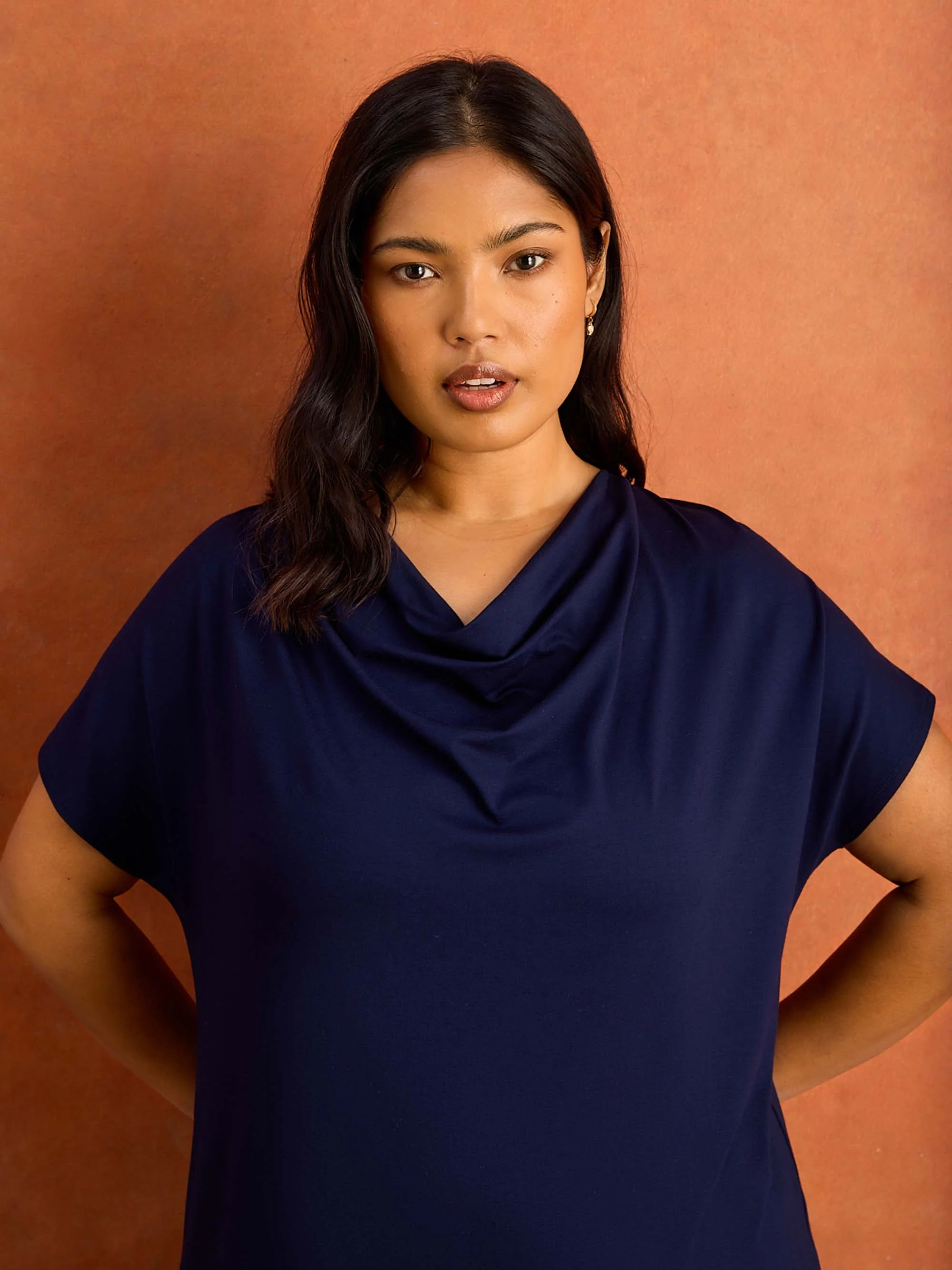 Navy Jersey Cowl Neck Short Sleeve Top - Image 5