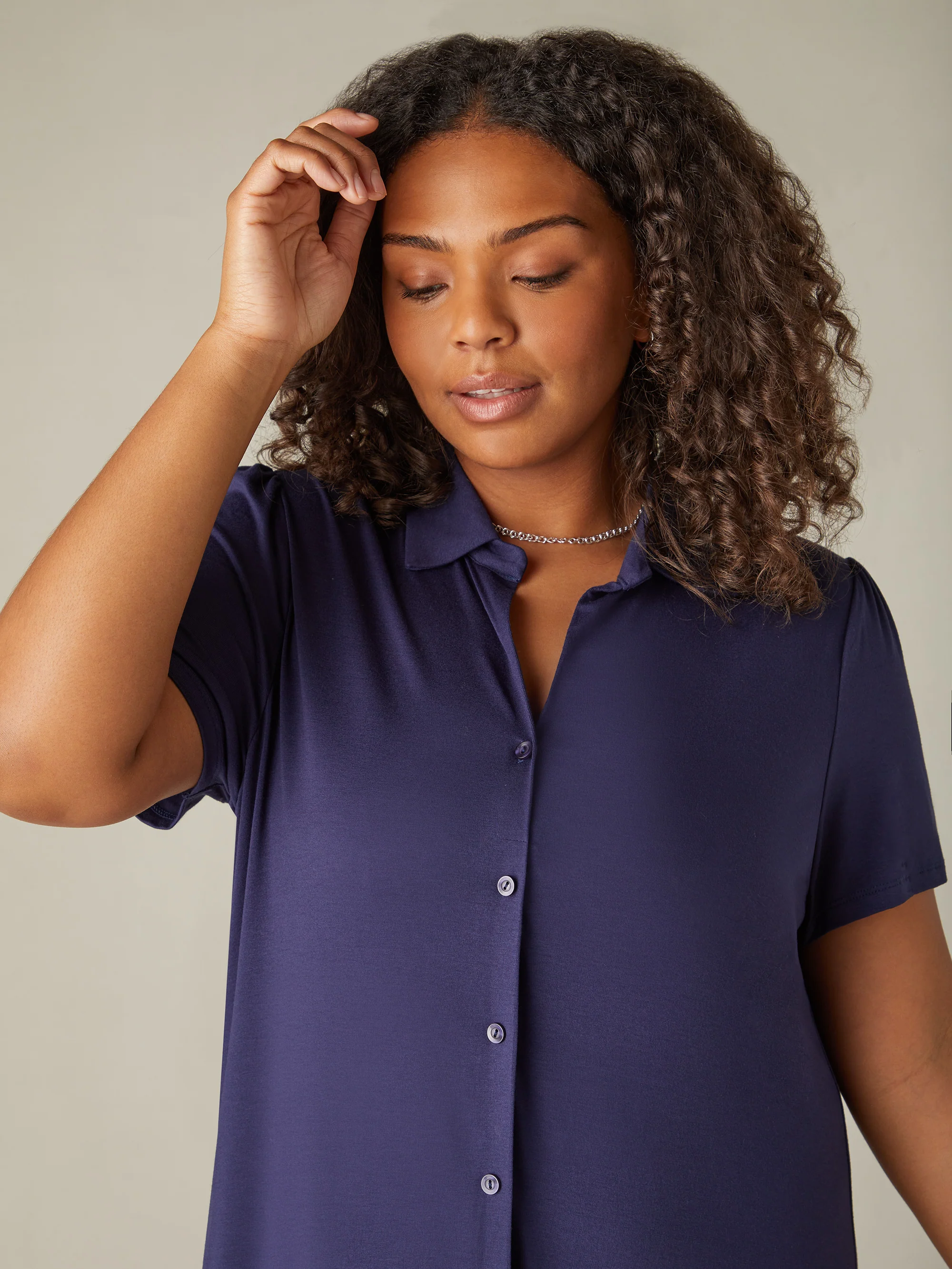 Navy Jersey Tiered Midi Shirt Dress - Image 2