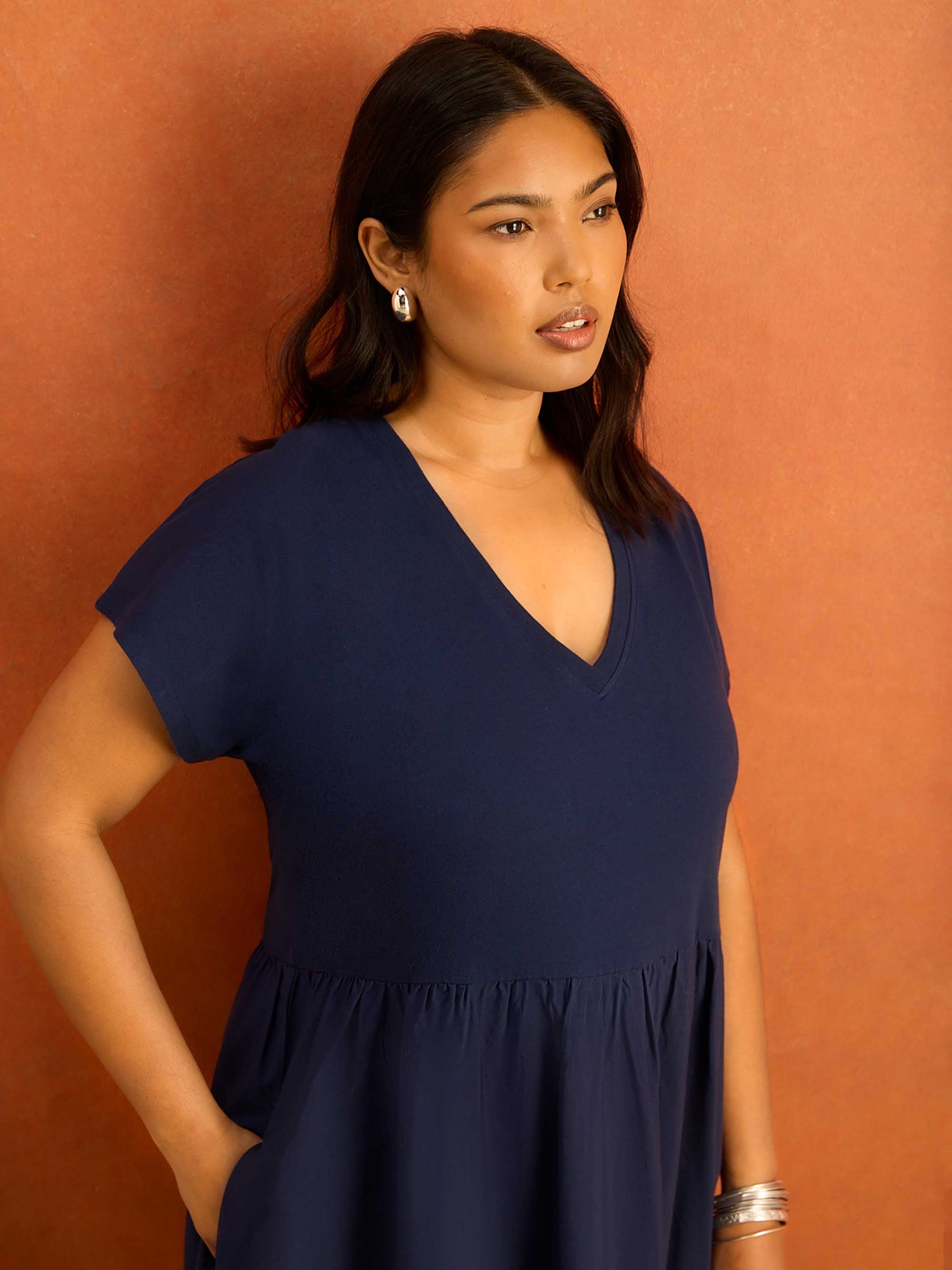 Navy Jersey Woven Mix Broderie Maxi Dress - Image 2