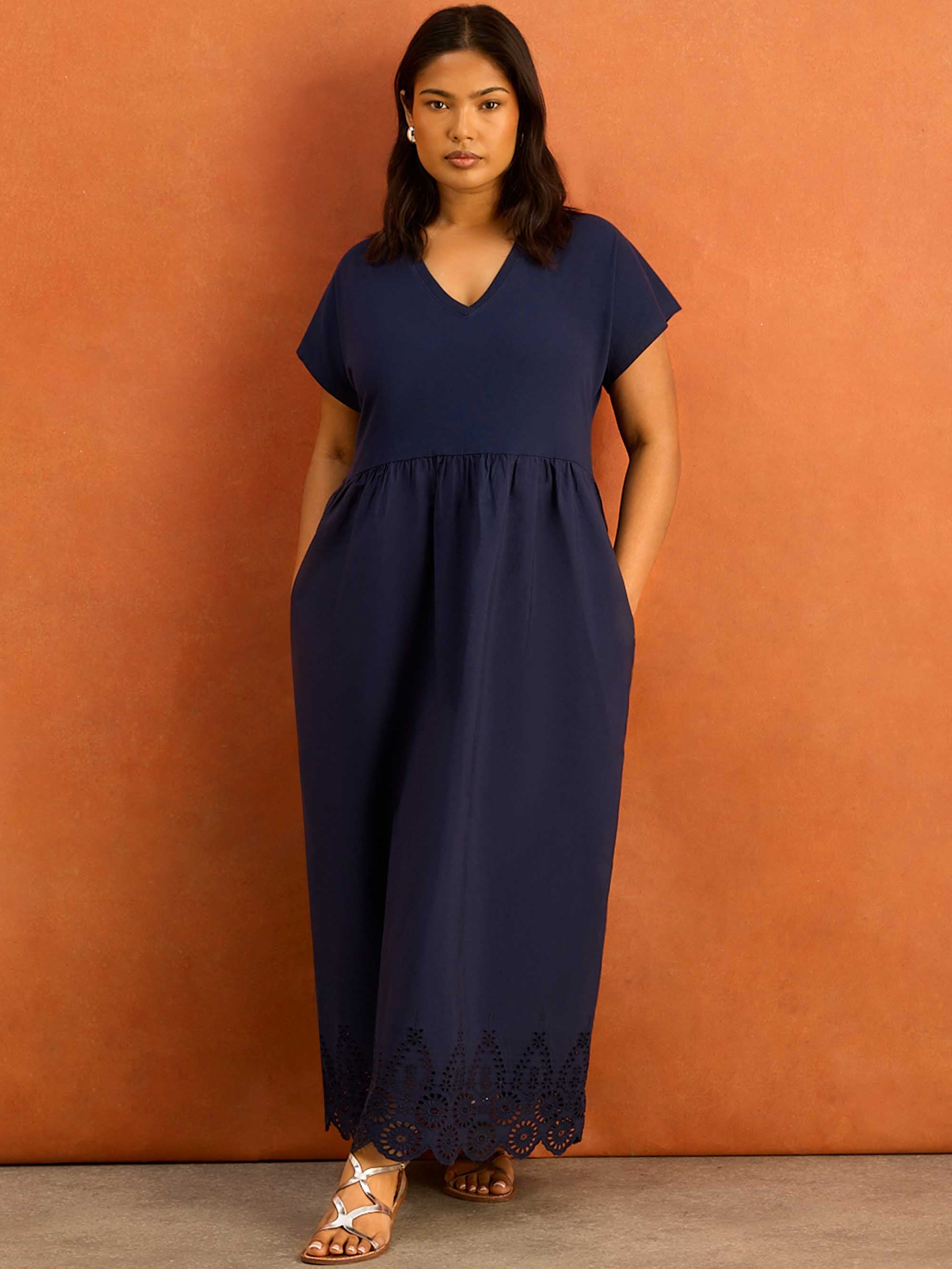 Navy Jersey Woven Mix Broderie Maxi Dress - Image 3