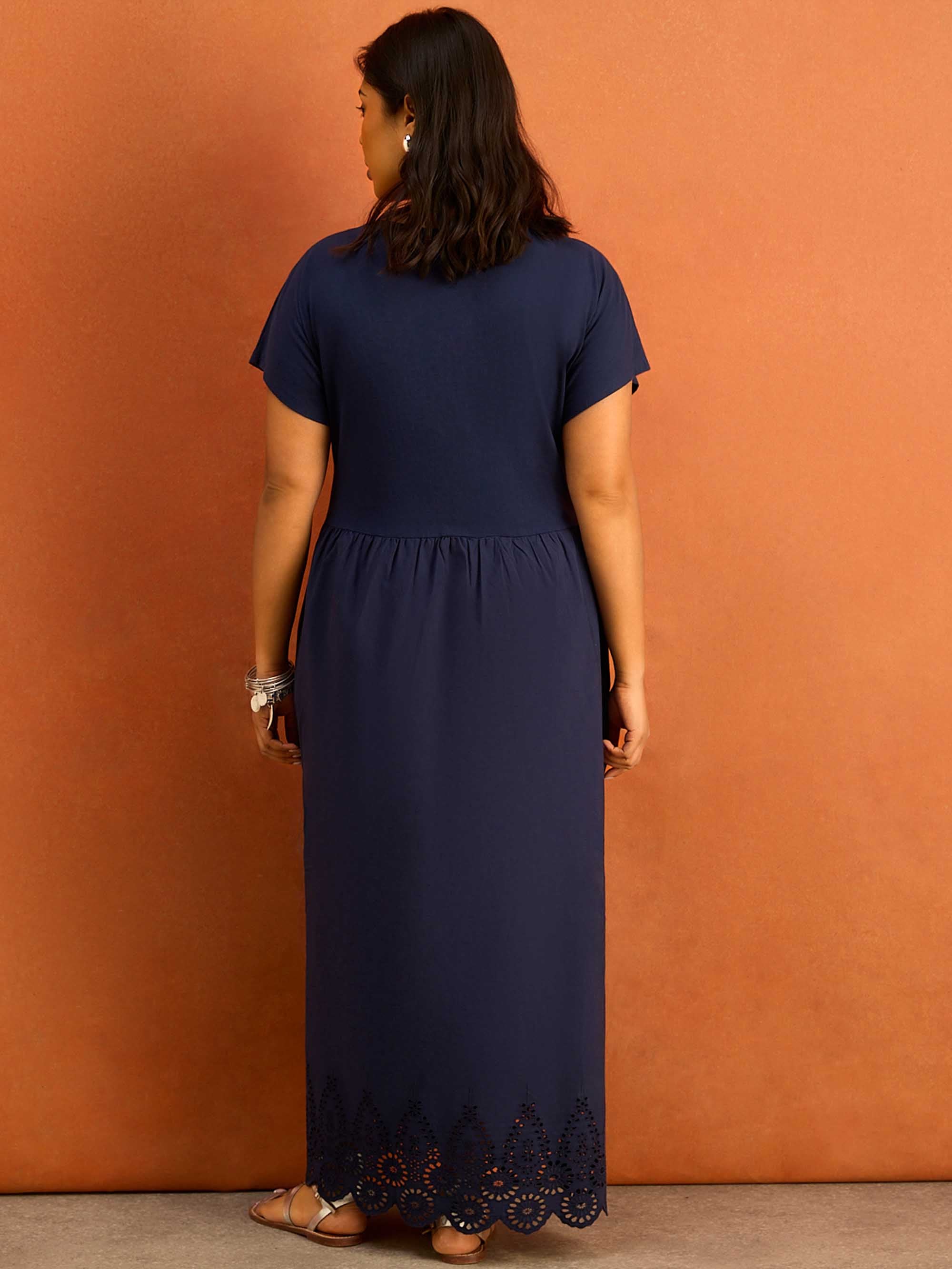 Navy Jersey Woven Mix Broderie Maxi Dress - Image 4
