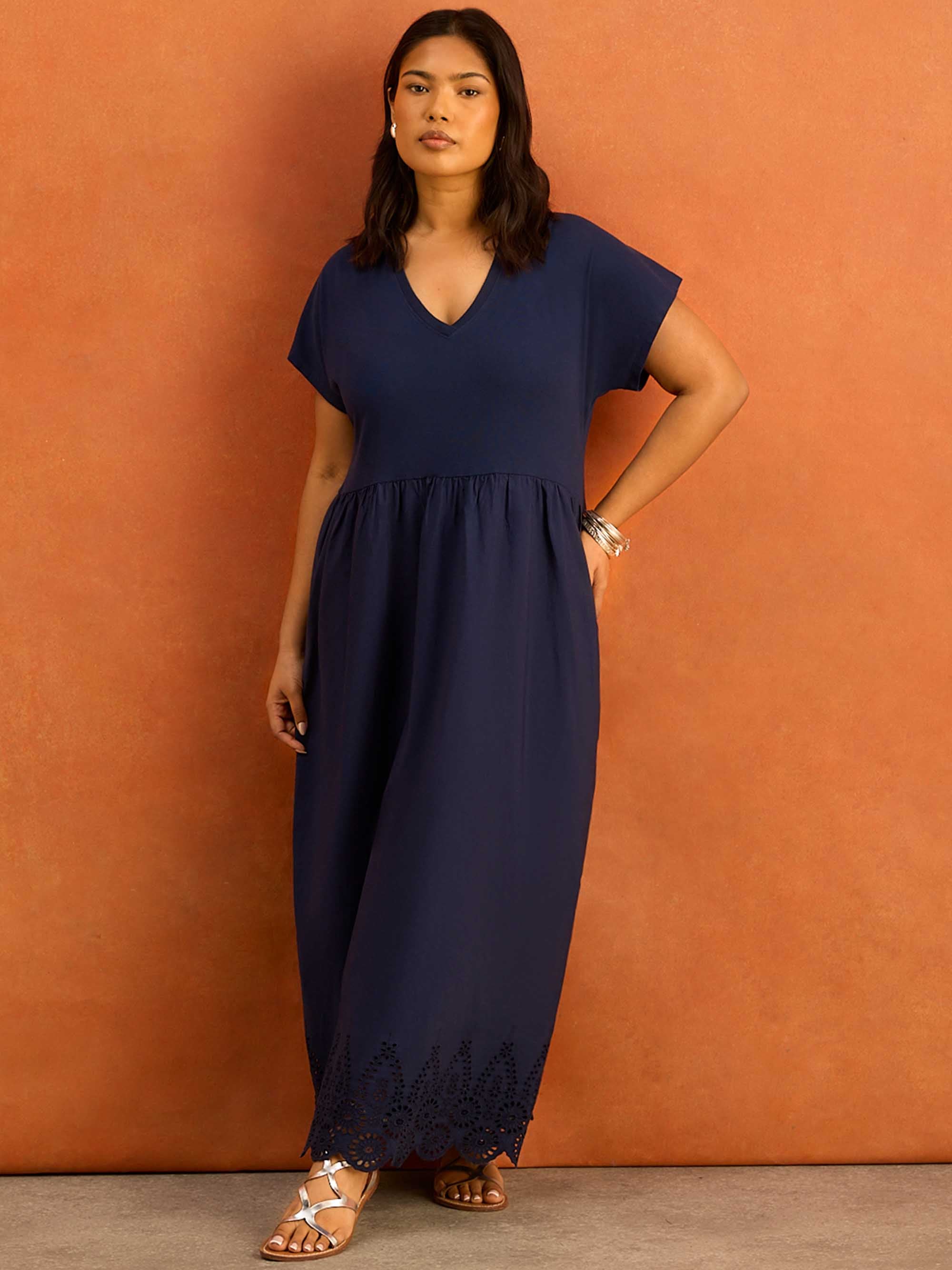 Navy Jersey Woven Mix Broderie Maxi Dress - Image 5