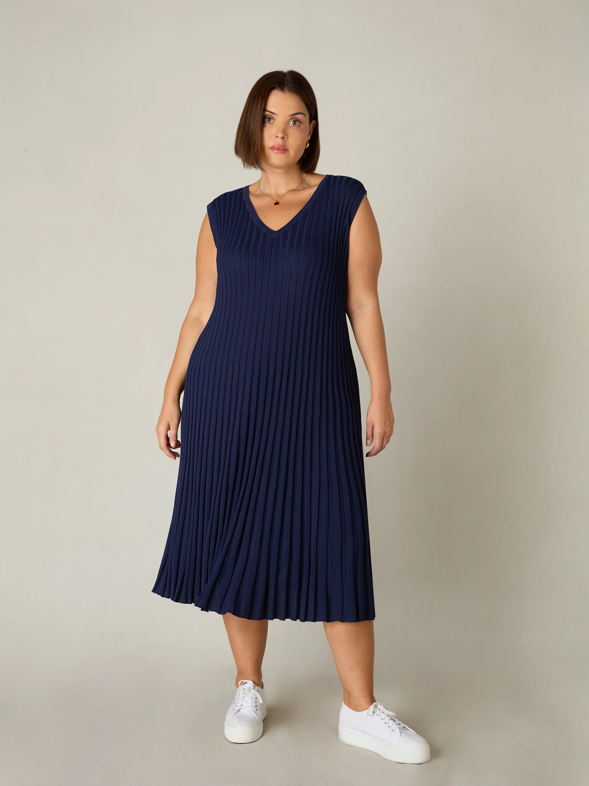 Navy Knitted Rib Dress - Image 7