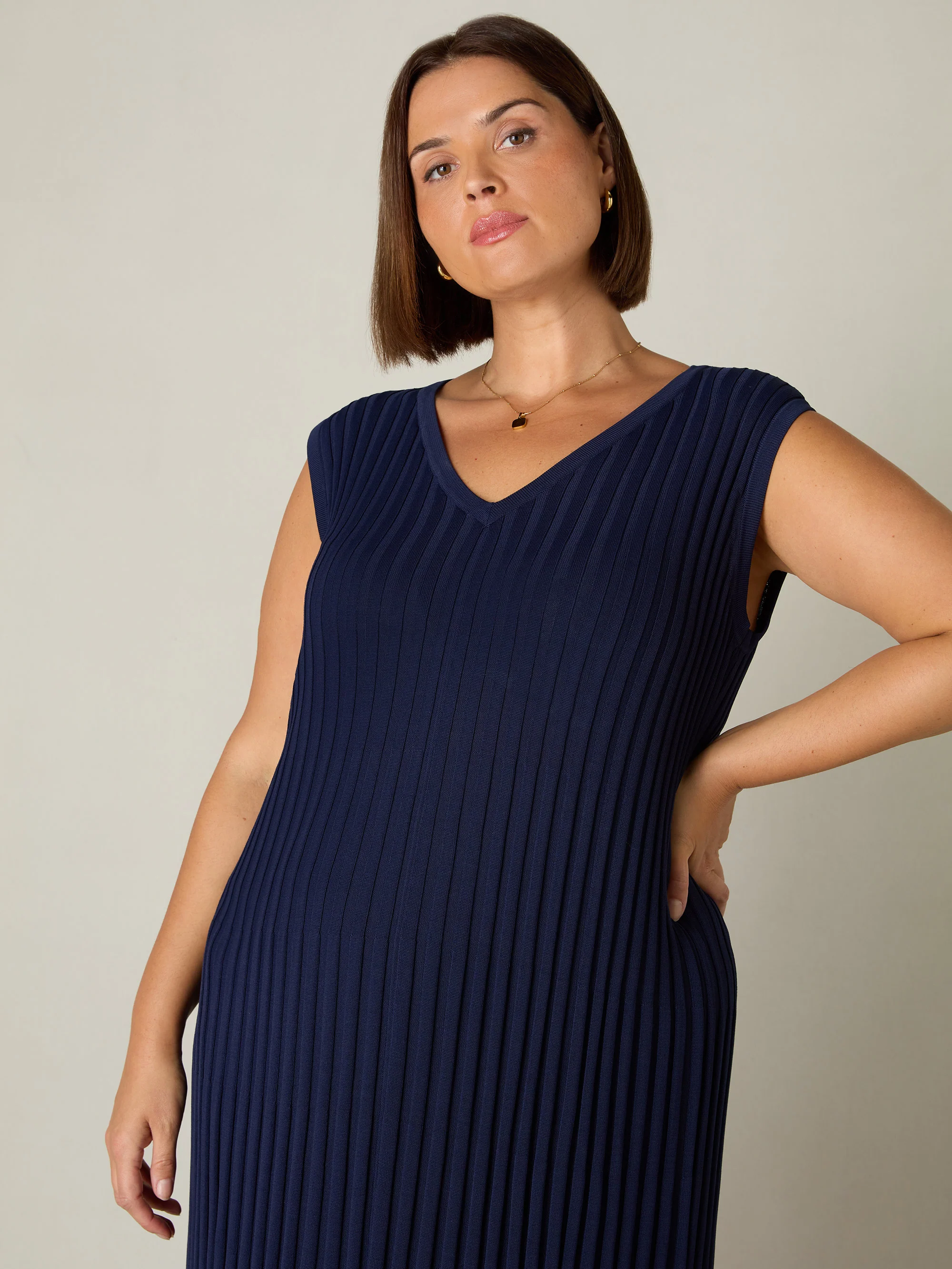 Navy Knitted Rib Dress - Image 8