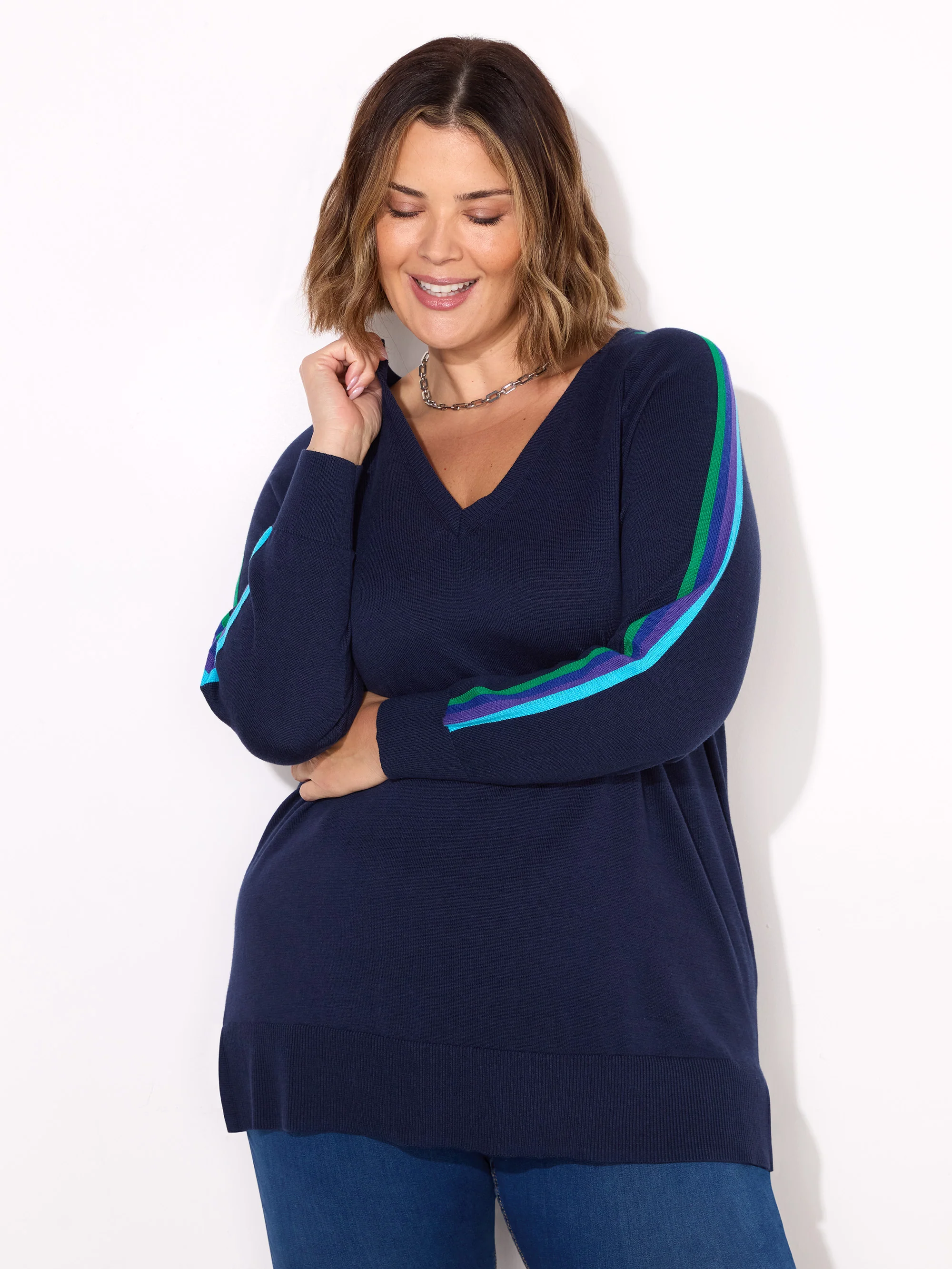 Navy Knitted V-Neck Contrast Stripe Jumper - Image 2