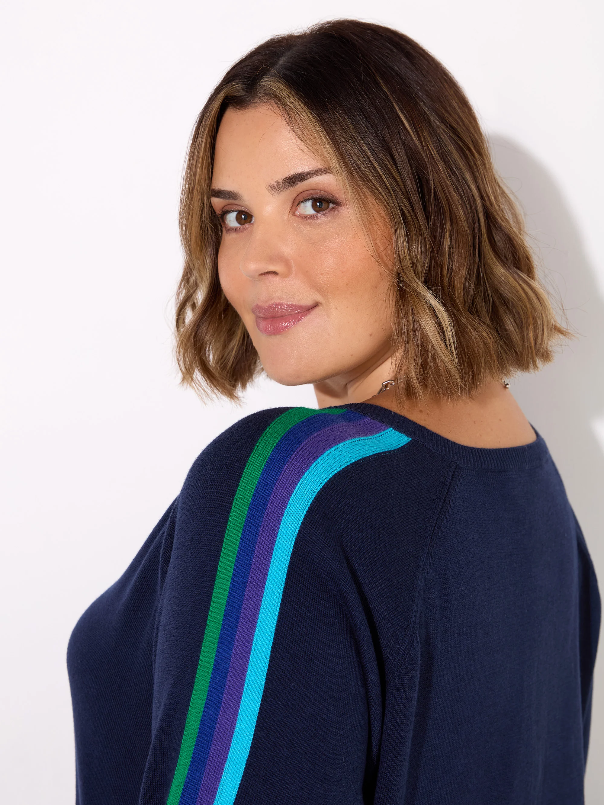 Navy Knitted V-Neck Contrast Stripe Jumper - Image 3