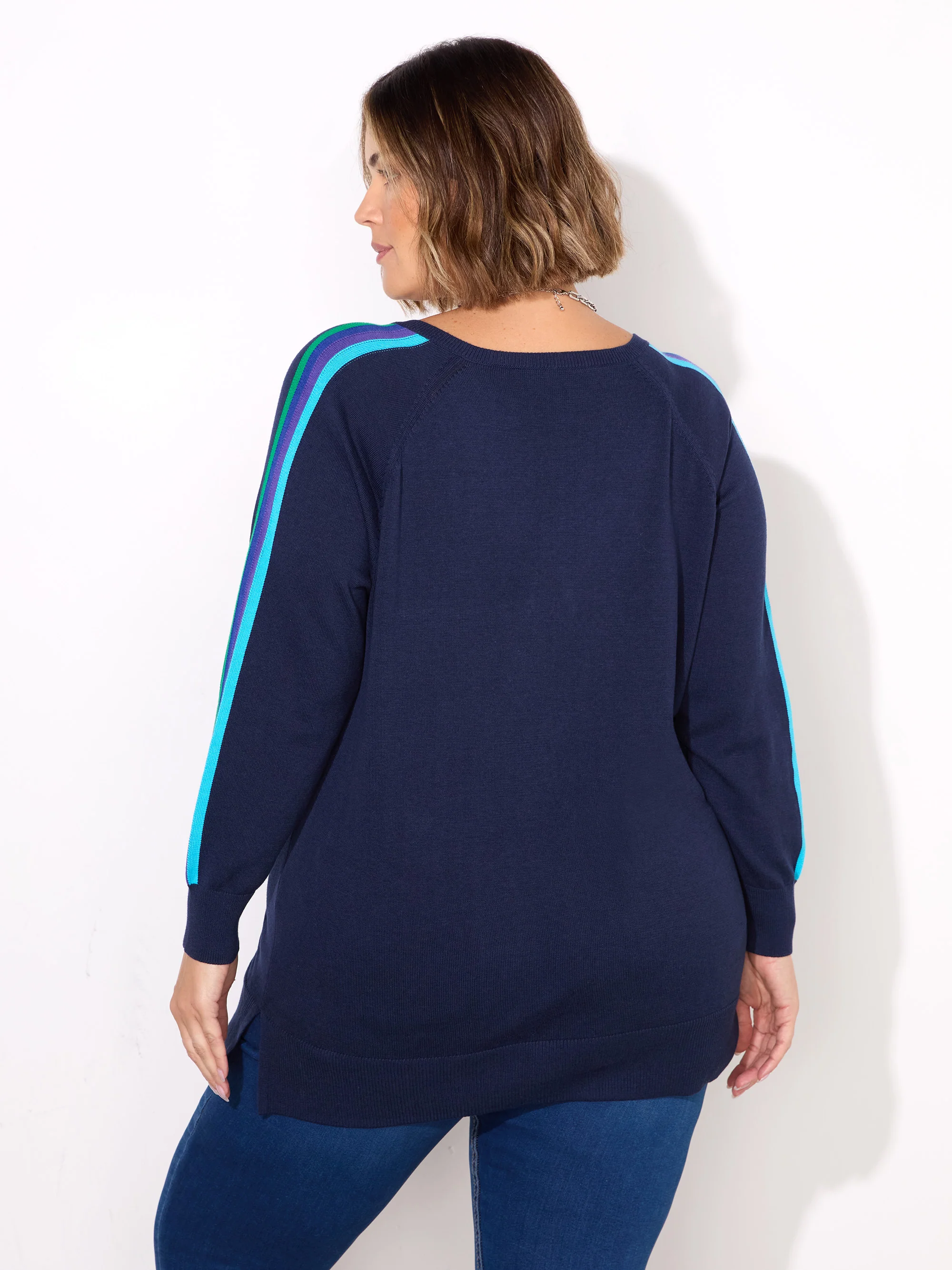 Navy Knitted V-Neck Contrast Stripe Jumper - Image 4