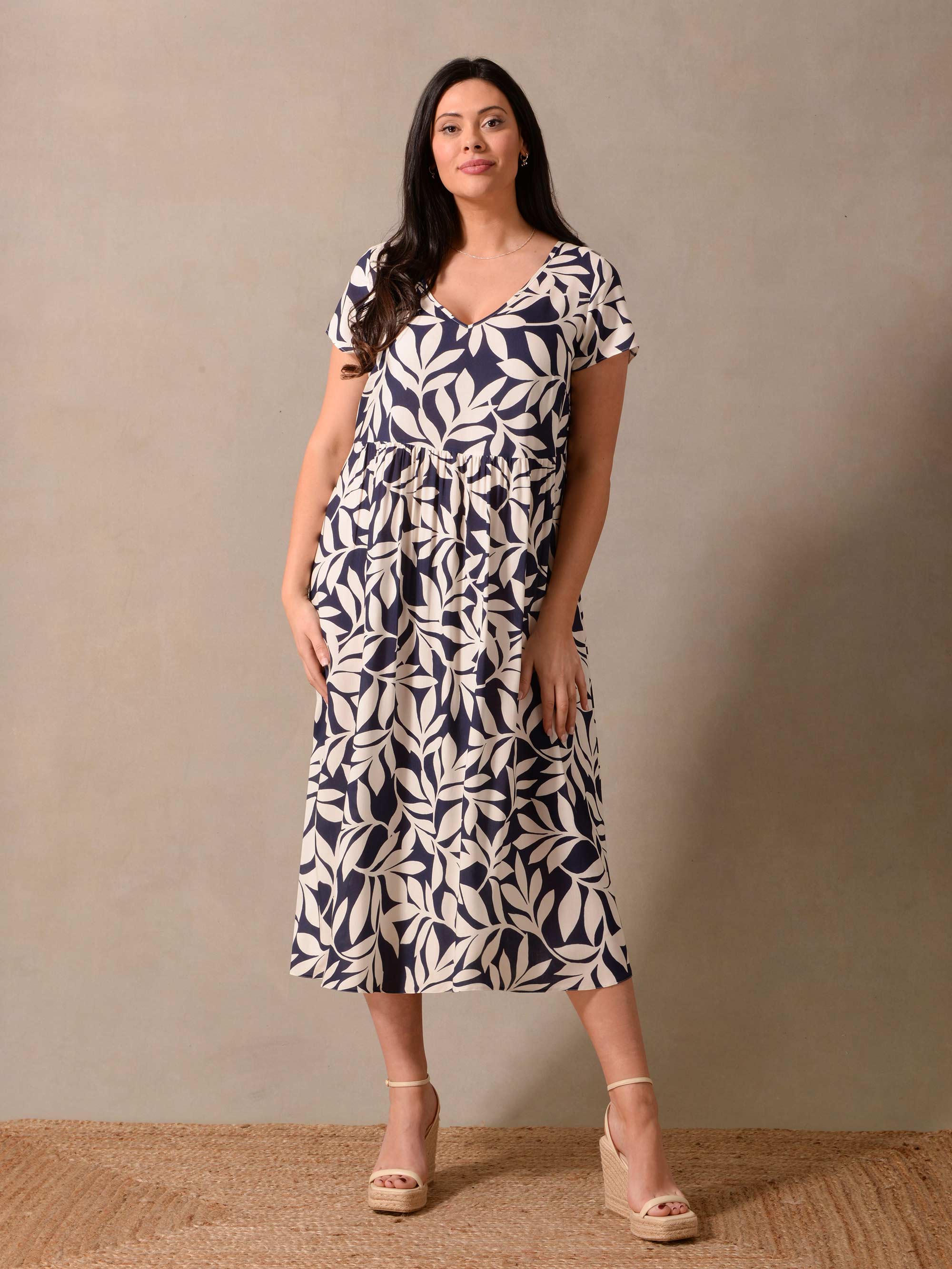 Navy Leaf Print Empire Line Midi Dress - Image 2