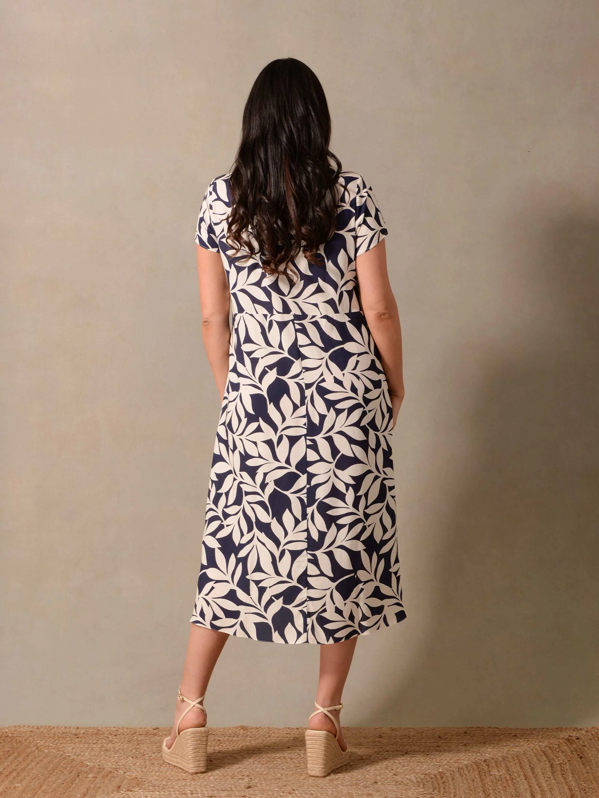 Navy Leaf Print Empire Line Midi Dress - Image 4