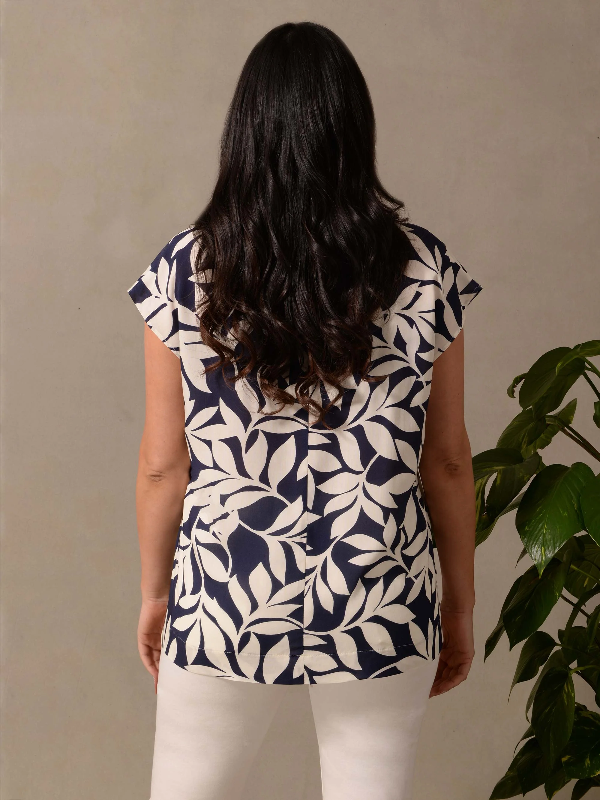 Navy Leaf Print Pleat Tee - Image 3