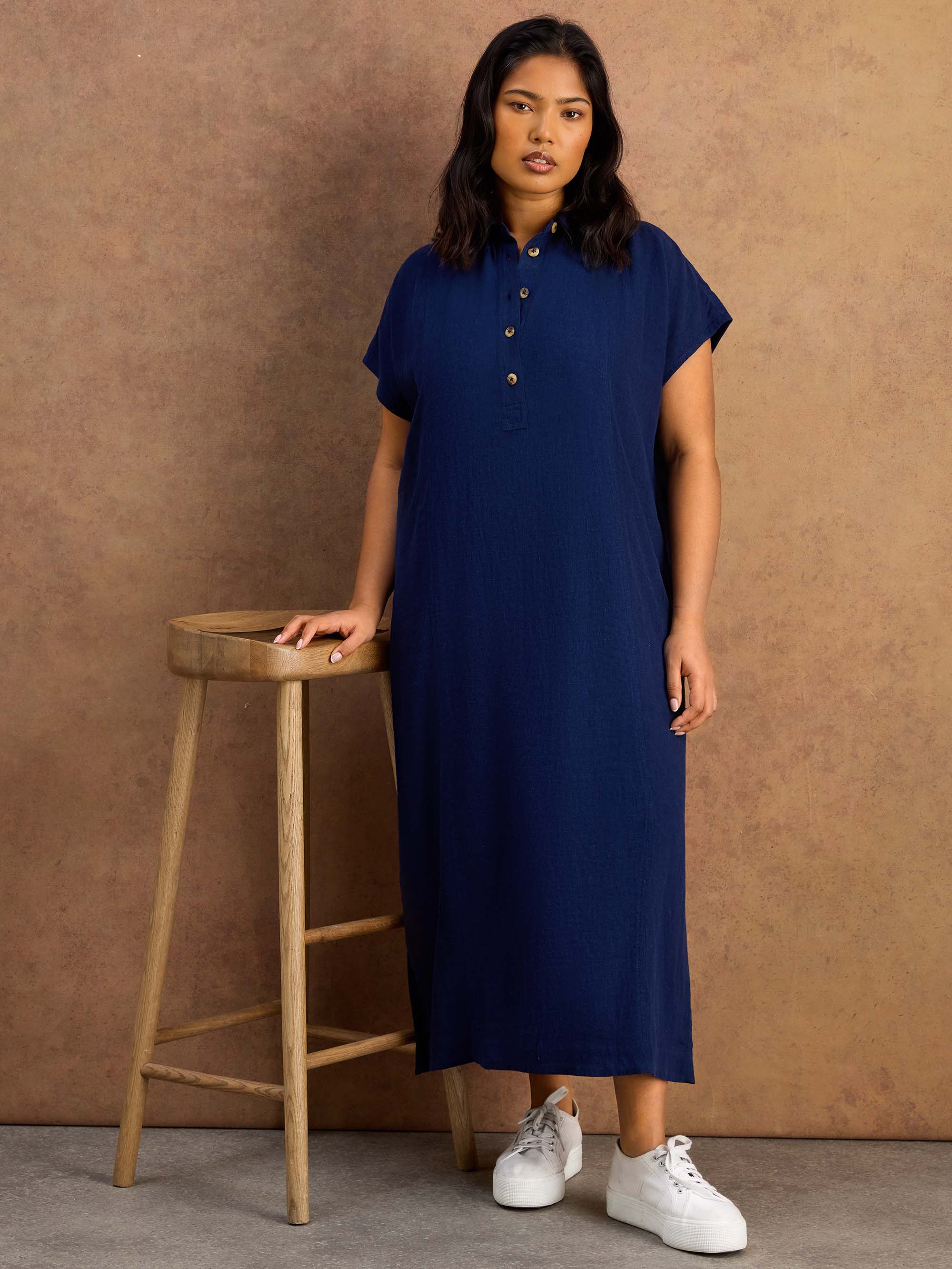 Navy Linen Blend Button Front Midaxi Shirt Dress - Image 2