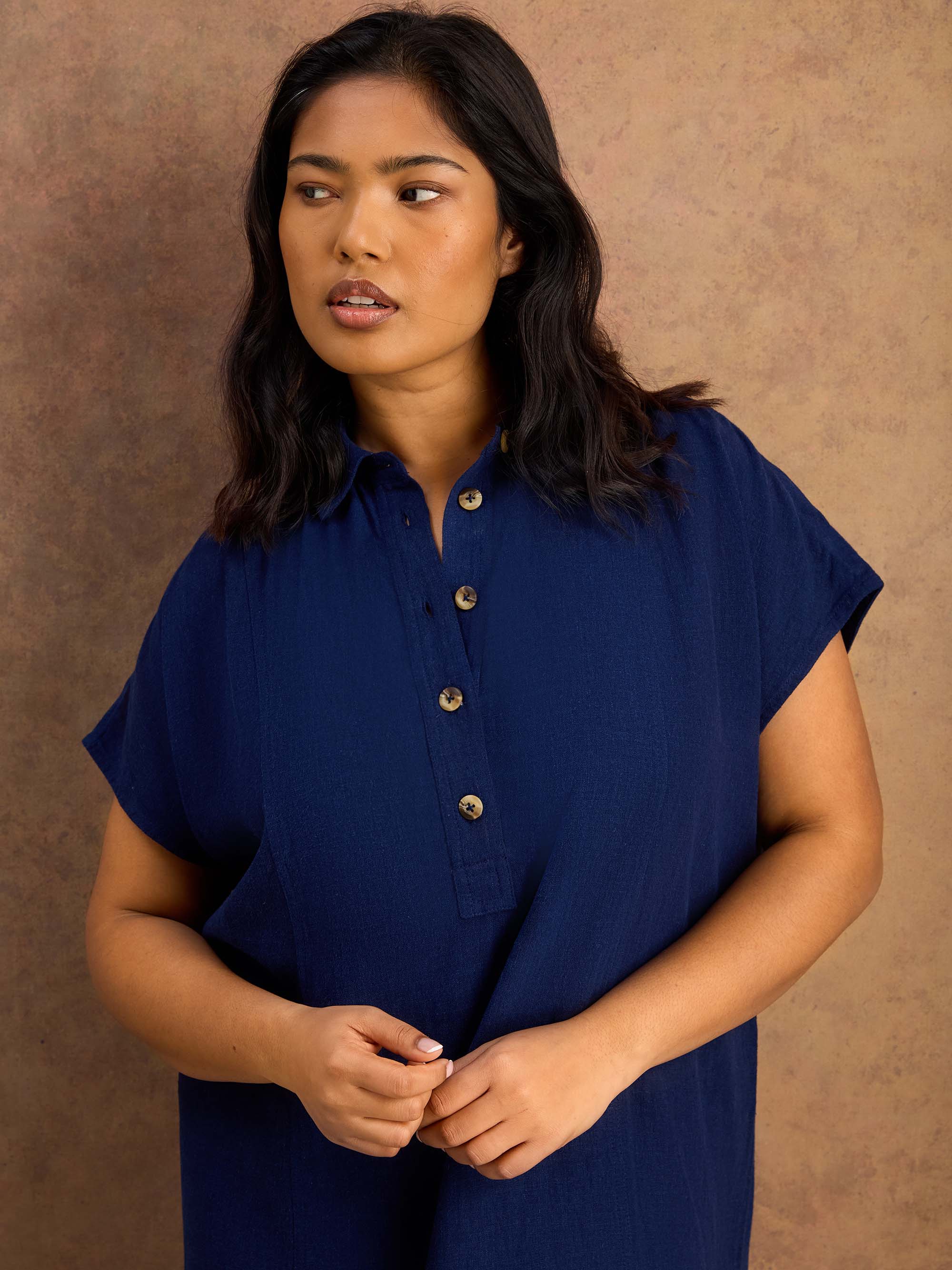 Navy Linen Blend Button Front Midaxi Shirt Dress - Image 3