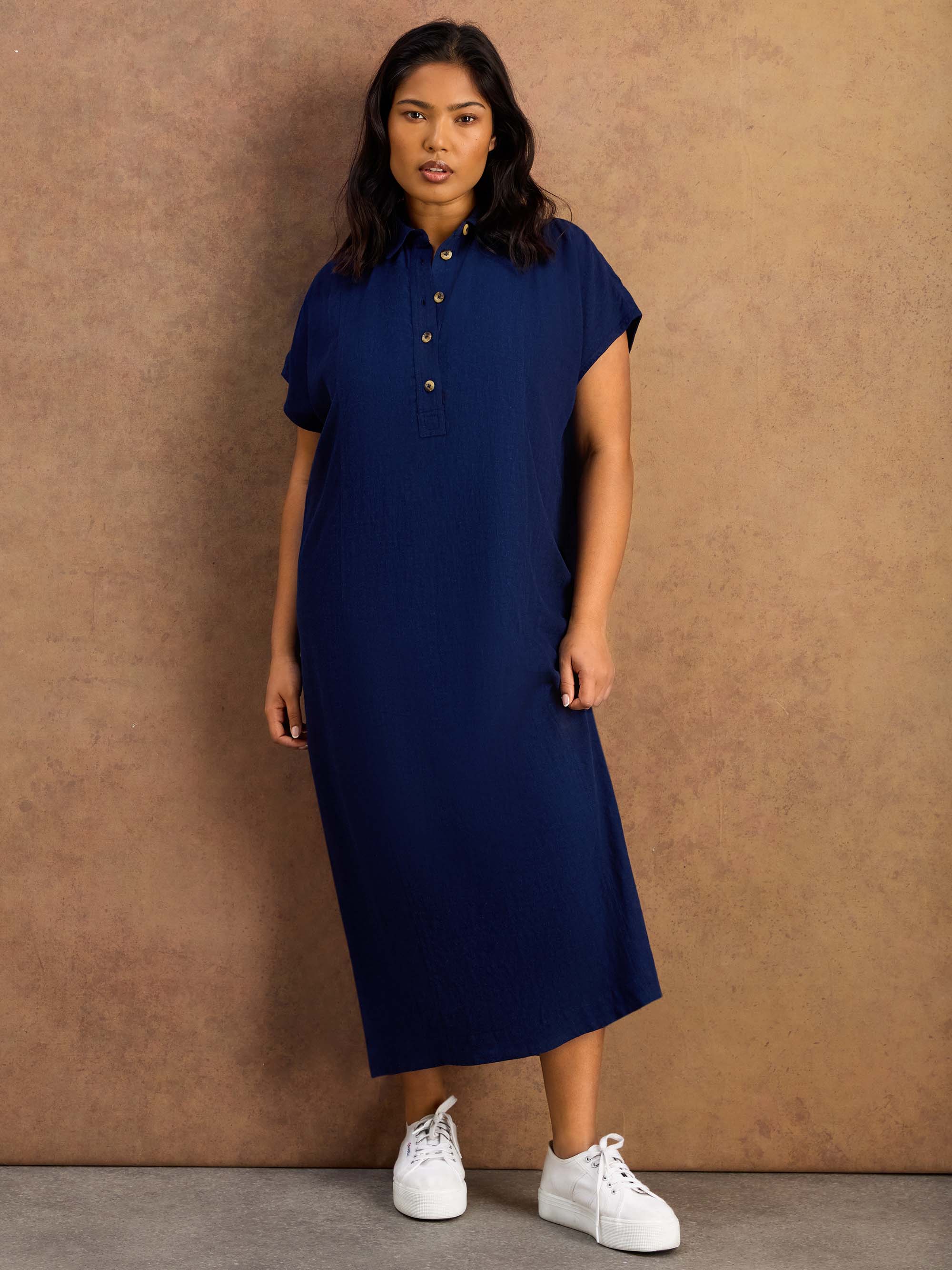 Navy Linen Blend Button Front Midaxi Shirt Dress - Image 4