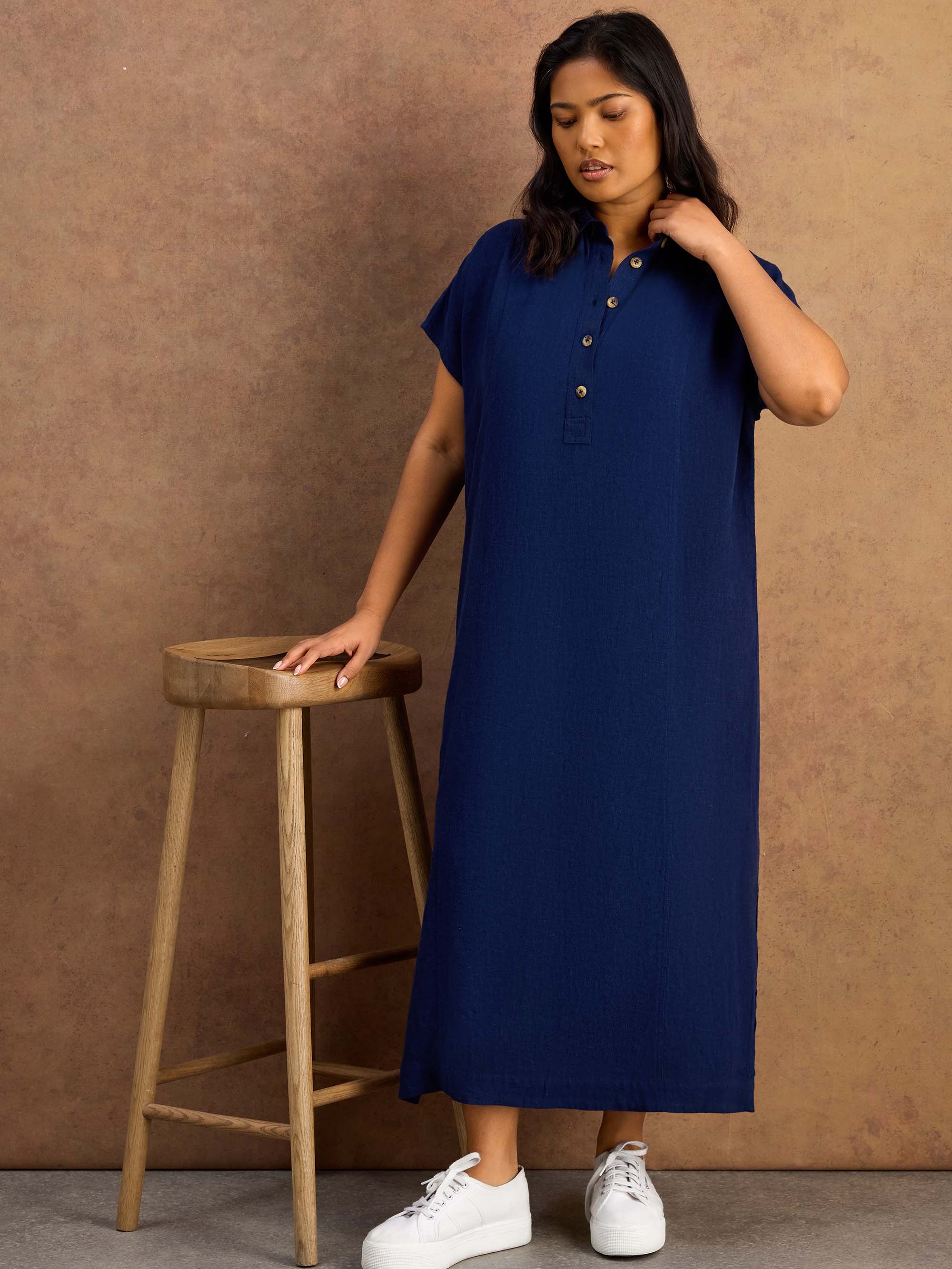 Navy Linen Blend Button Front Midaxi Shirt Dress - Image 5