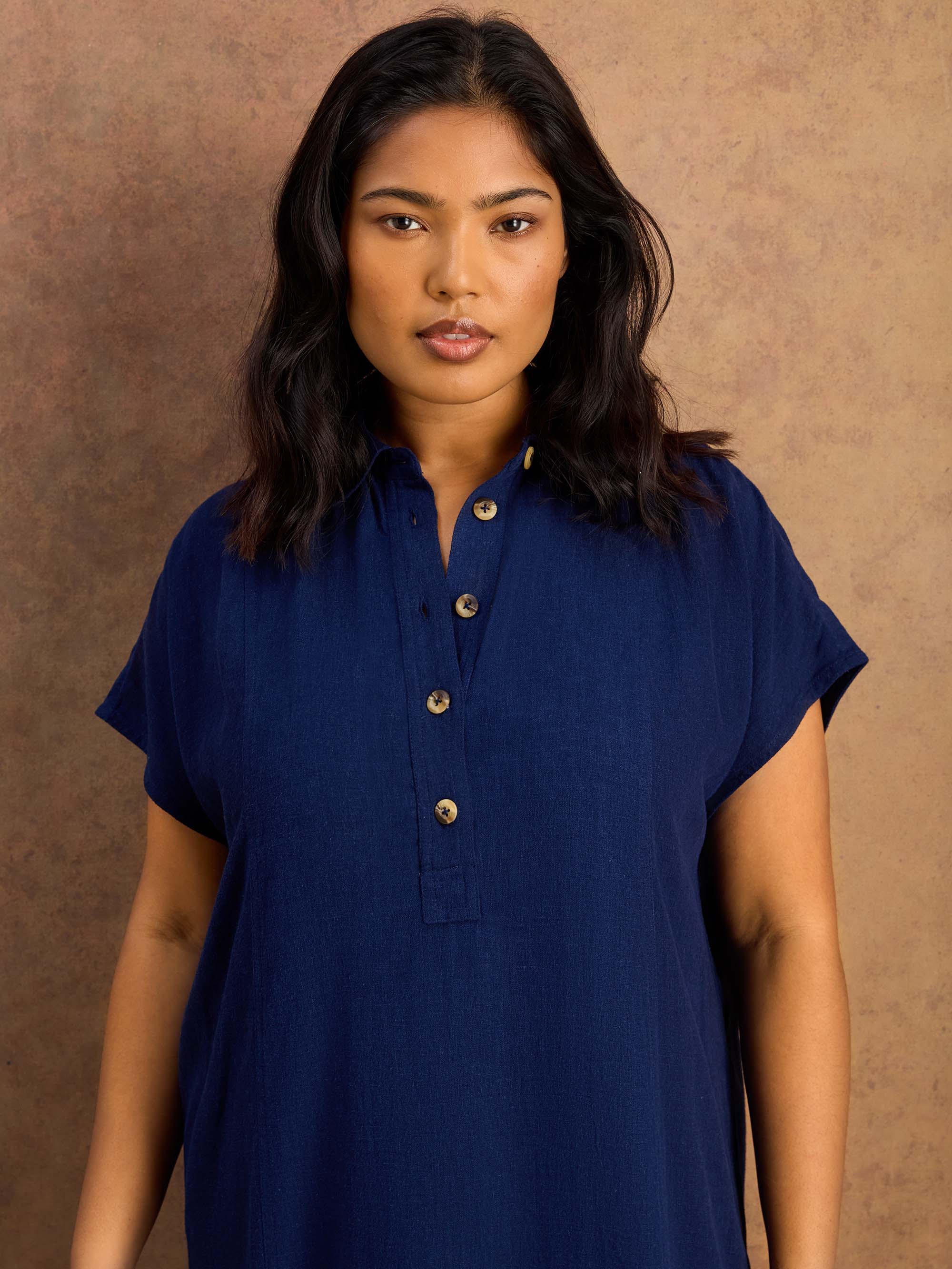 Navy Linen Blend Button Front Midaxi Shirt Dress - Image 6