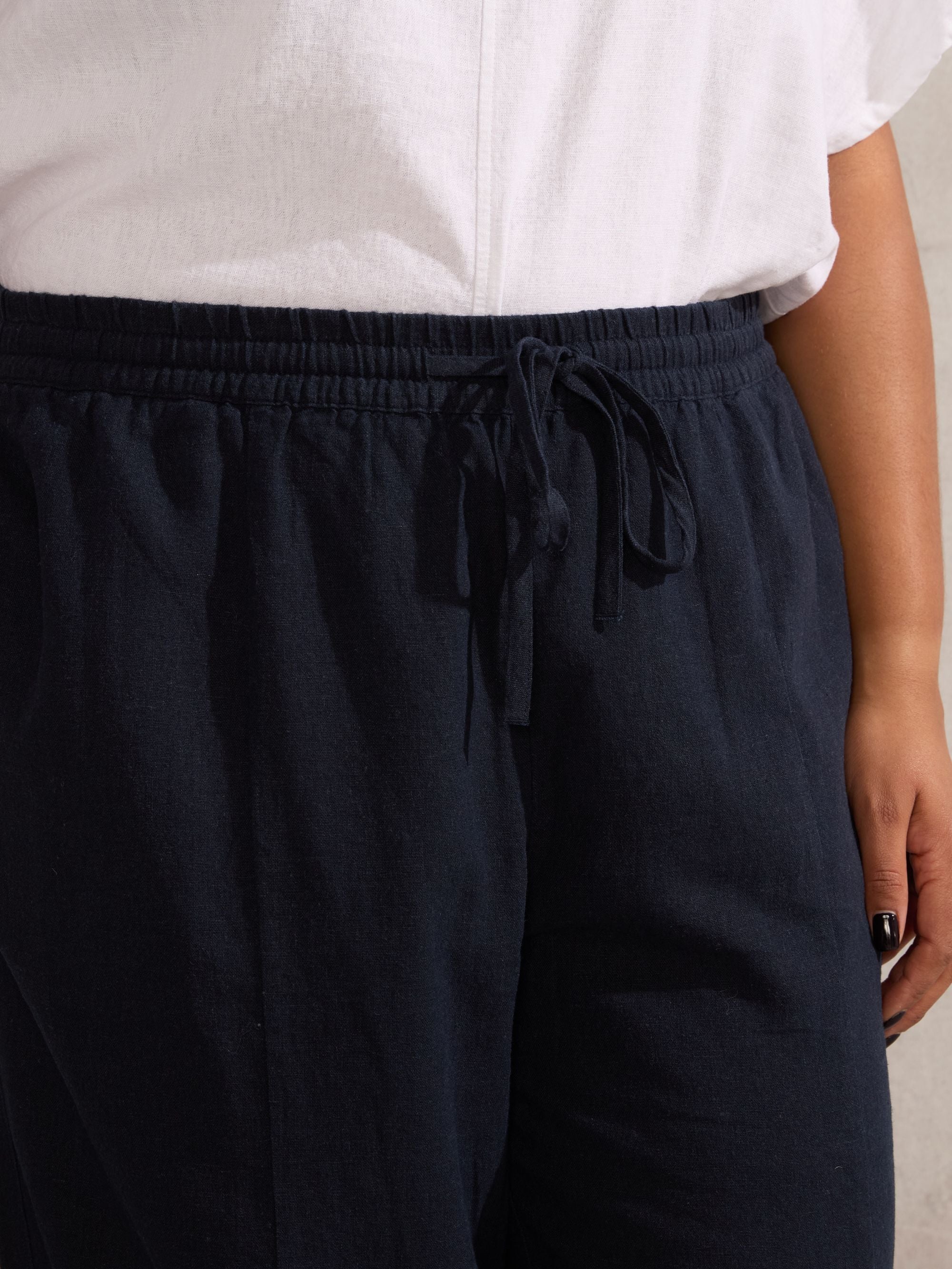 Navy Linen Blend Wide Leg Cropped Trousers - Image 2