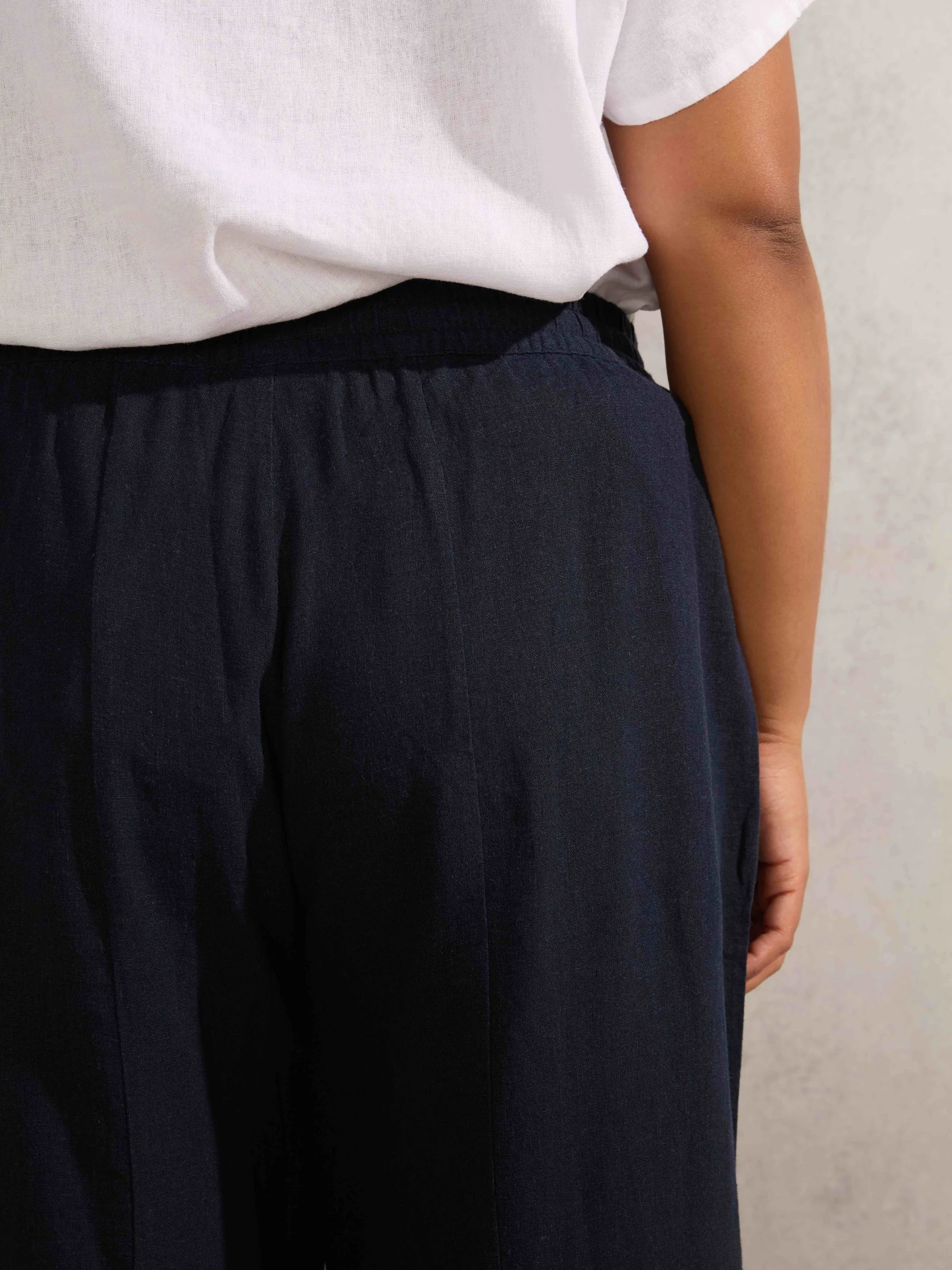 Navy Linen Blend Wide Leg Cropped Trousers - Image 3