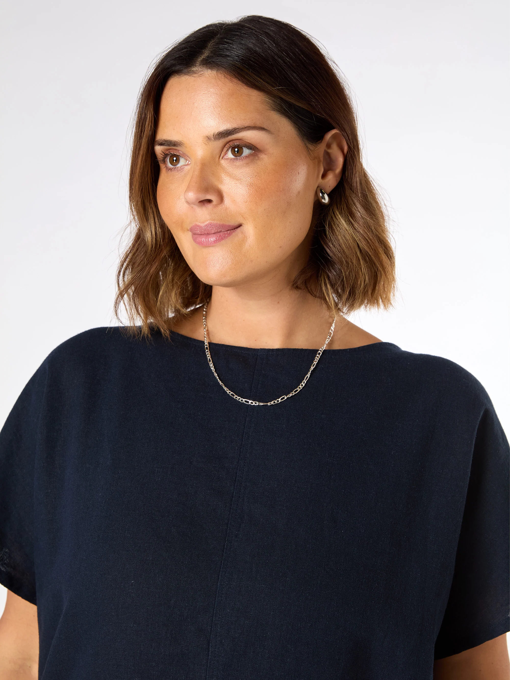 Navy Linen Blend Seamed Detail Top - Image 2