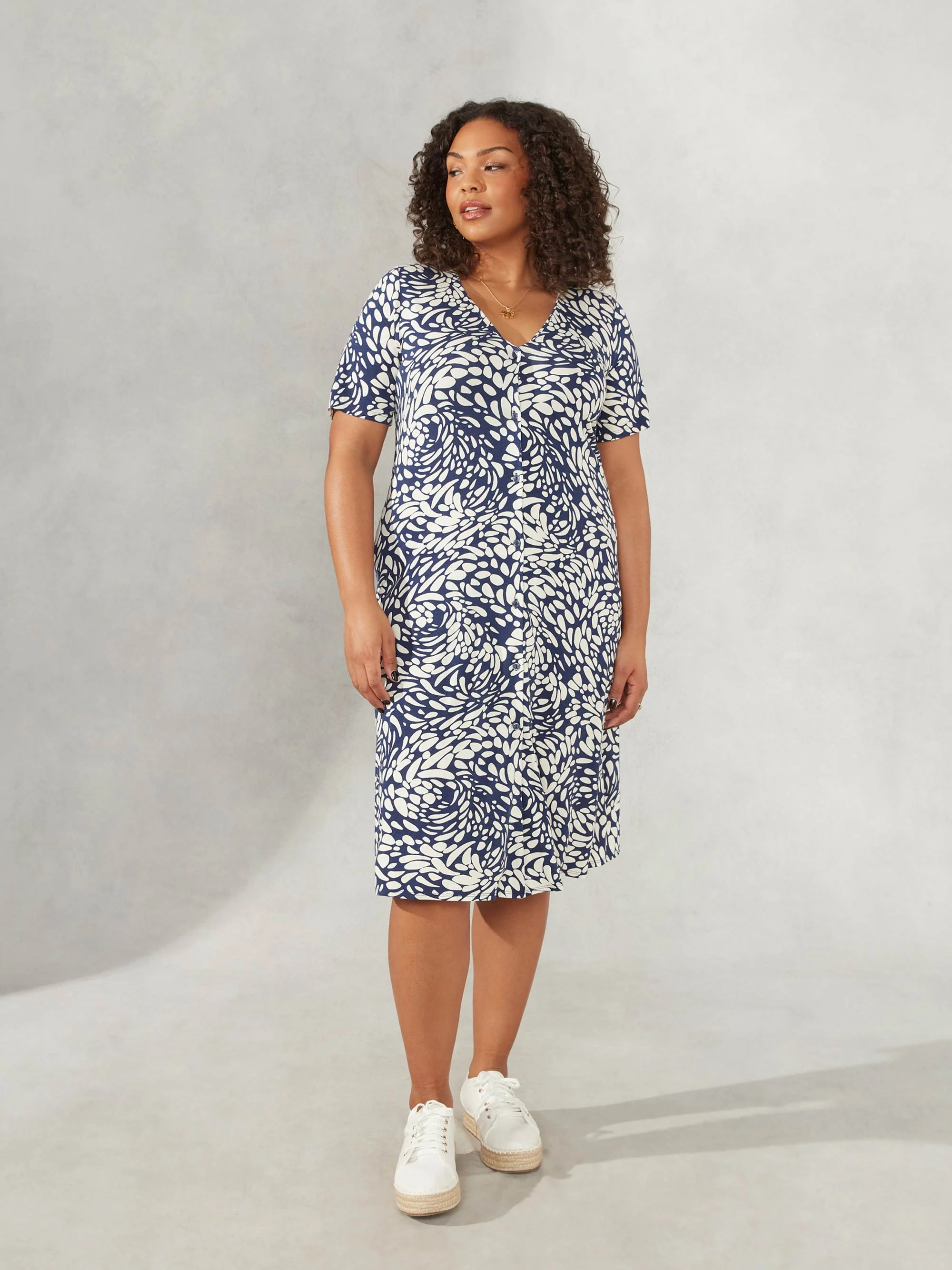 Navy Pebble Print Button Through Jersey Dress