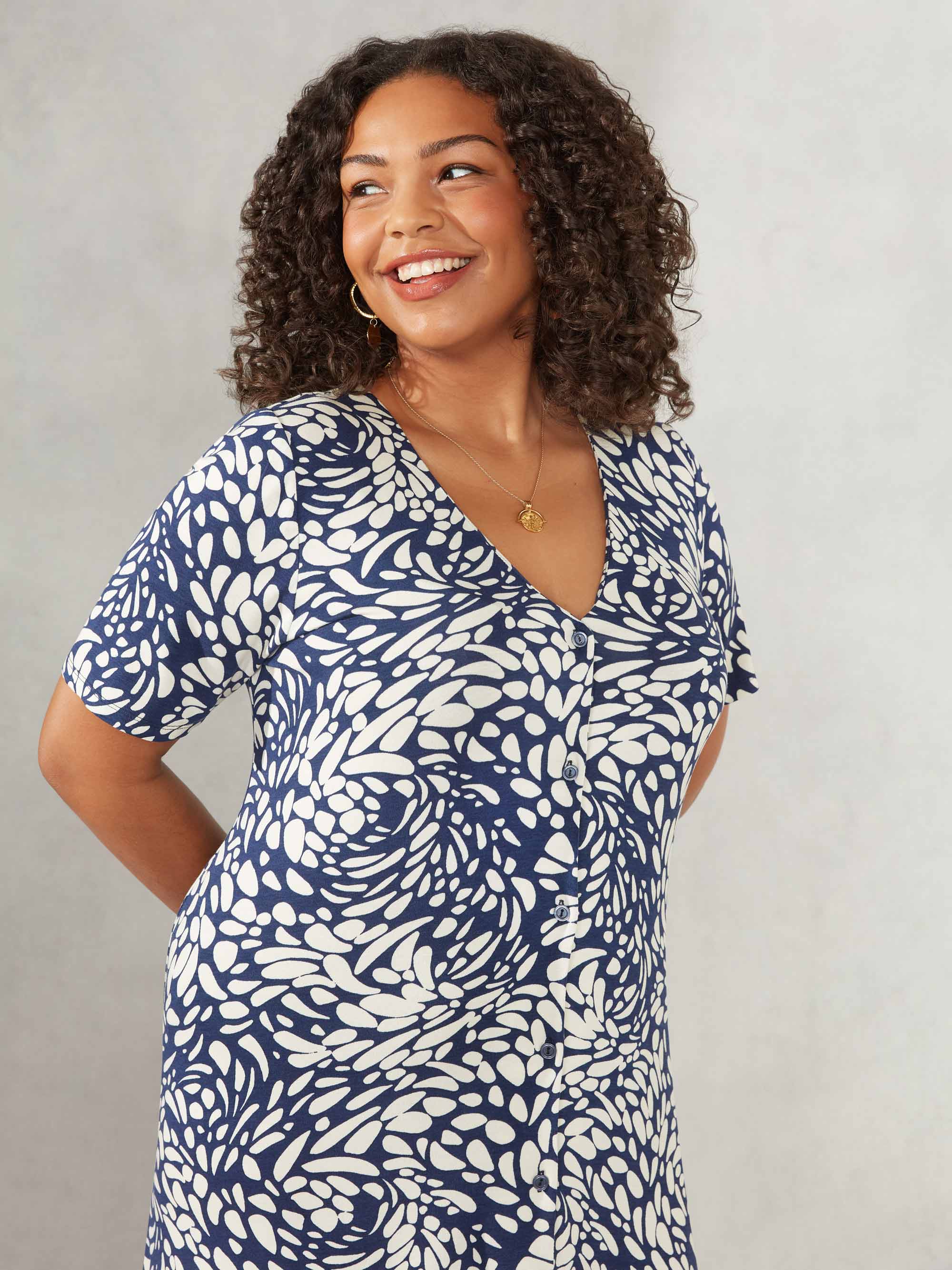 Navy Pebble Print Button Through Jersey Dress - Image 2